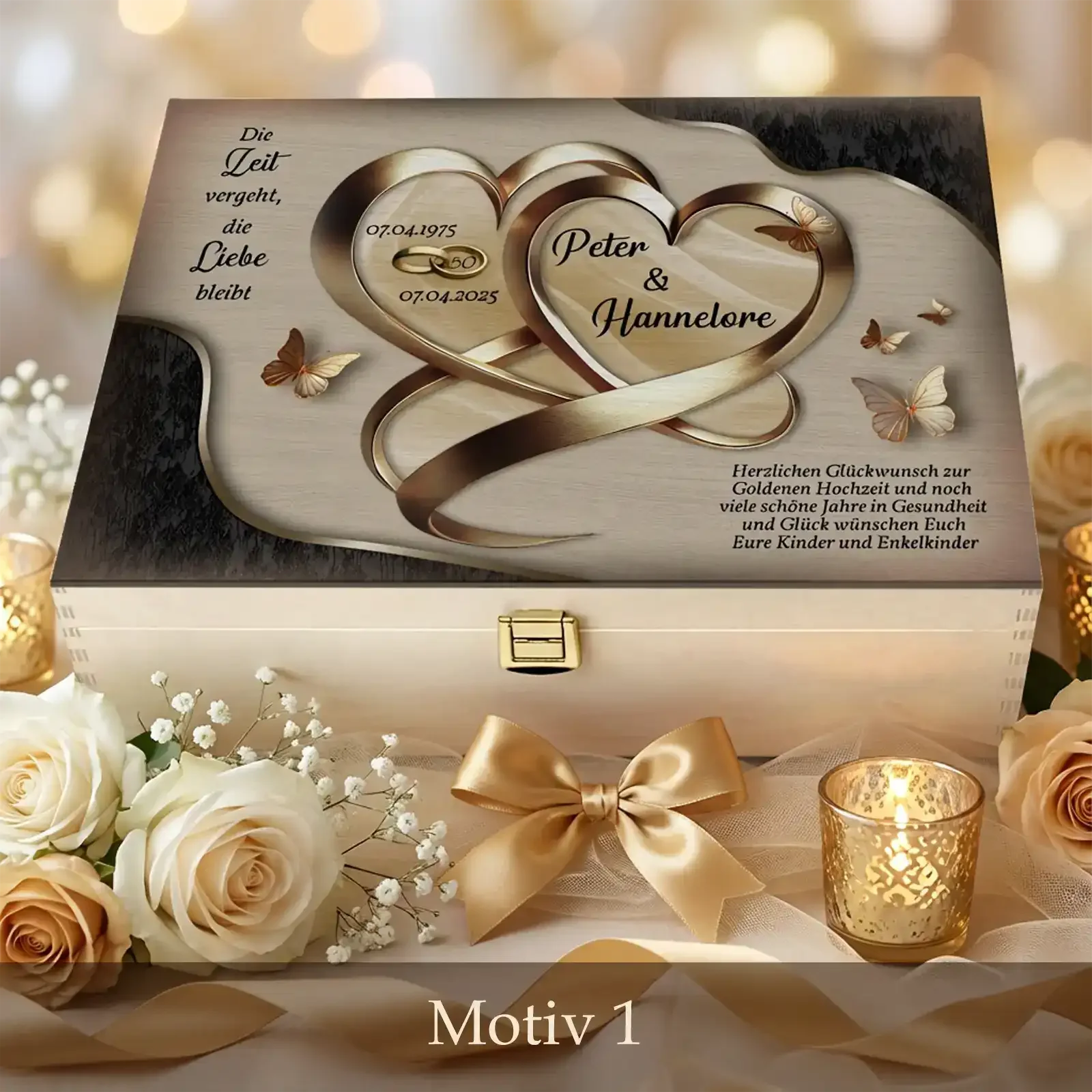 Personalisiertes Geschenk zur goldenen Hochzeit – eine exklusive Holzbox zum 50. Hochzeitstag mit liebevollem Motiv.