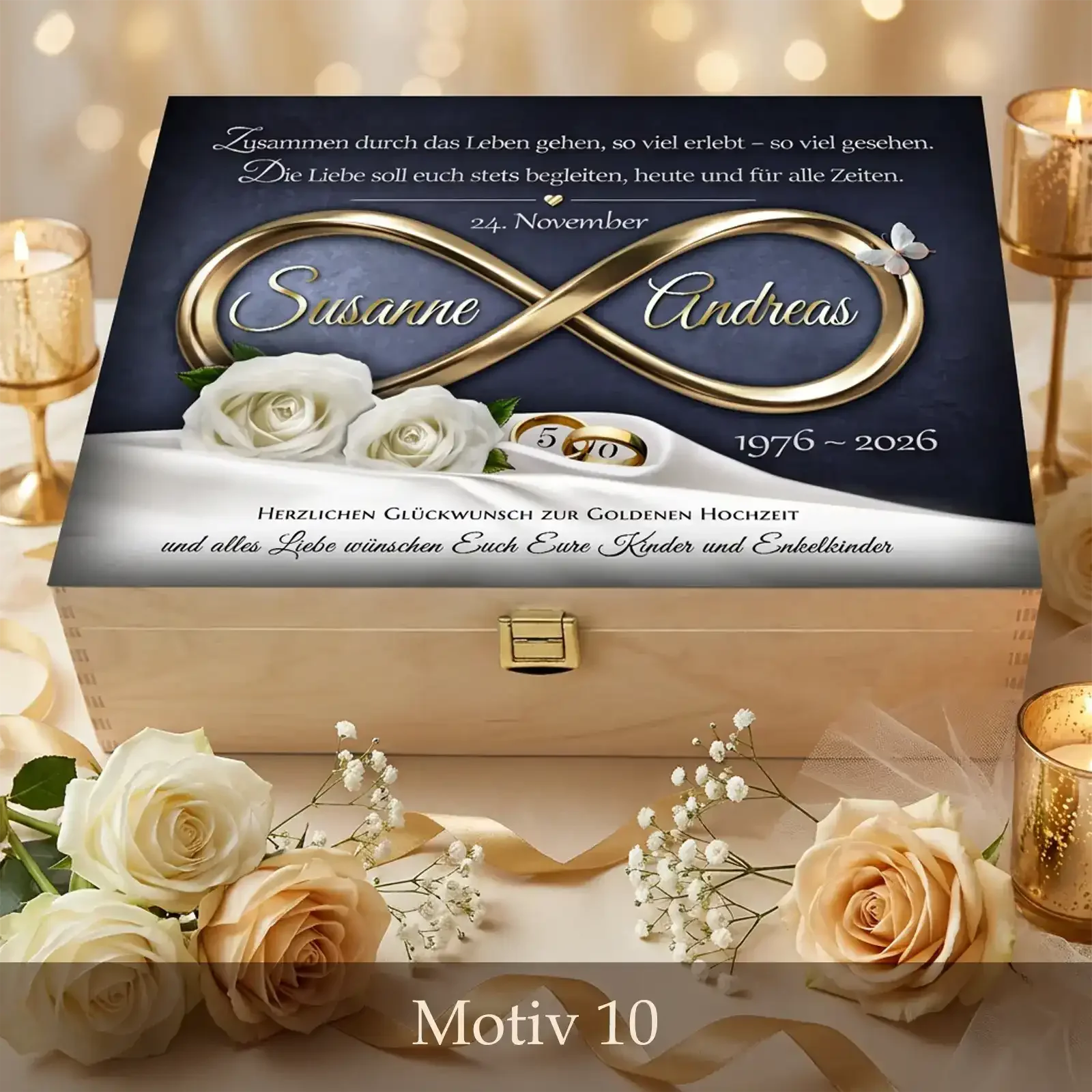 Hochwertiges Geschenk zum 50. Hochzeitstag als Holzbox zur Goldenen Hochzeit individuell personalisiert mit Namen und Datum
