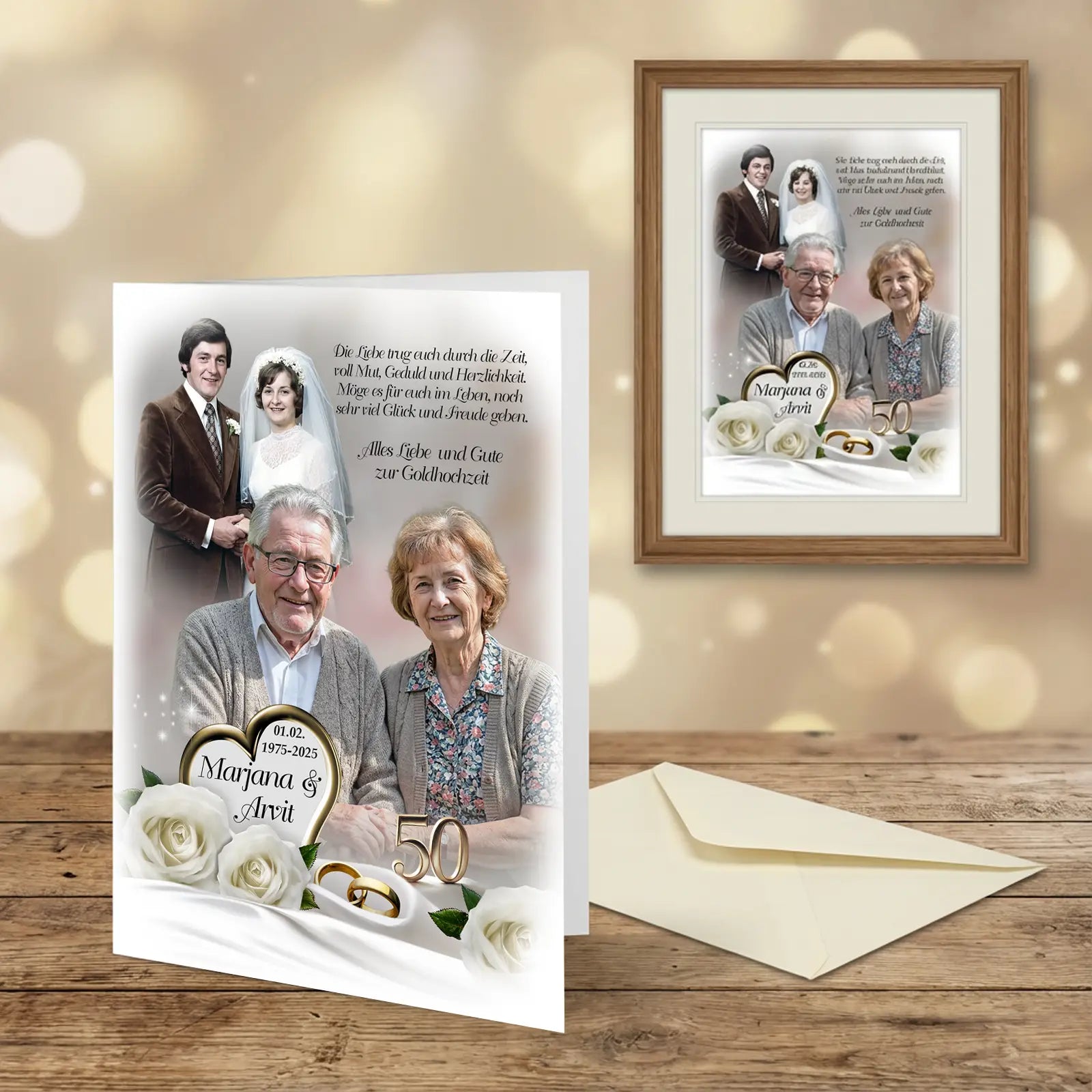 Personalisiertes Geschenk zur Goldenen Hochzeit. Karte in Weiß mit zwei Paarfotos jung und heute, Namen Marjana & Arvid, Datum 1975–2025, weißen Rosen und goldener 50 . Exklusives Geschenk zum 50. Hochzeitstag.