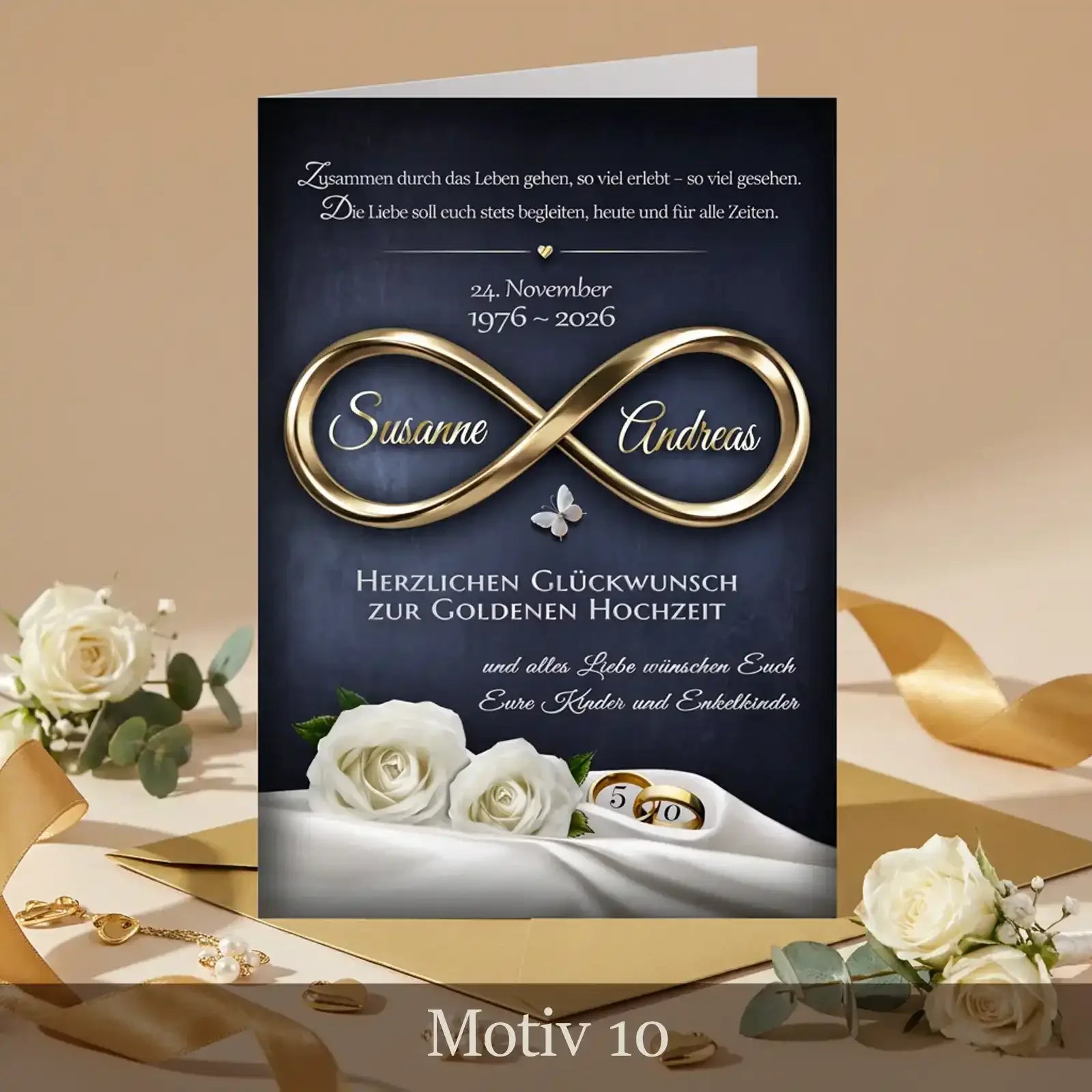 Hochwertiges Geschenk zum 50. Hochzeitstag als Karte zur Goldenen Hochzeit individuell personalisiert mit Namen und Datum