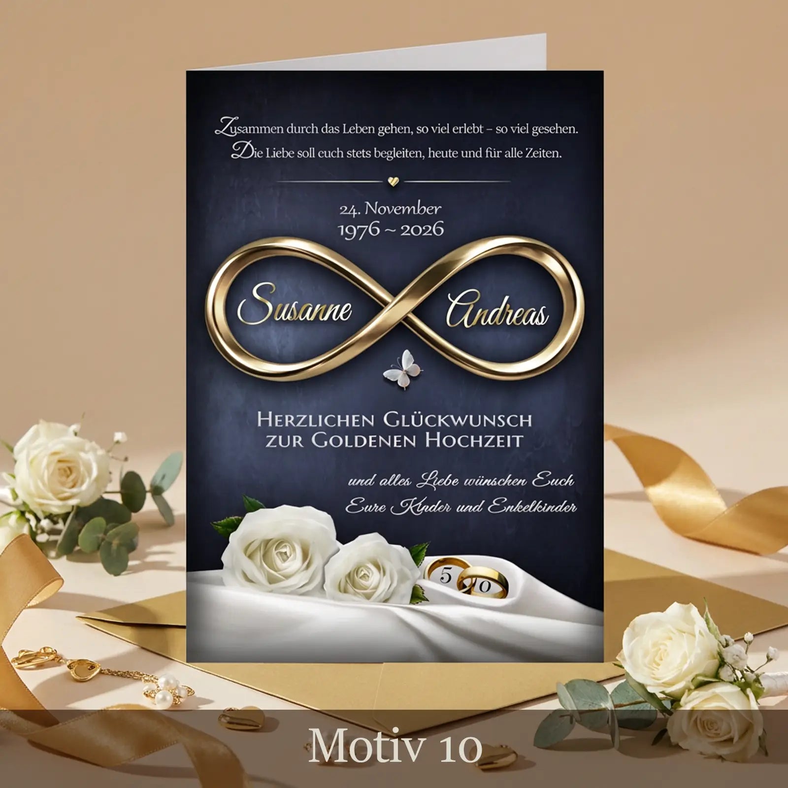 Hochwertiges Geschenk zum 50. Hochzeitstag als Karte zur Goldenen Hochzeit individuell personalisiert mit Namen und Datum