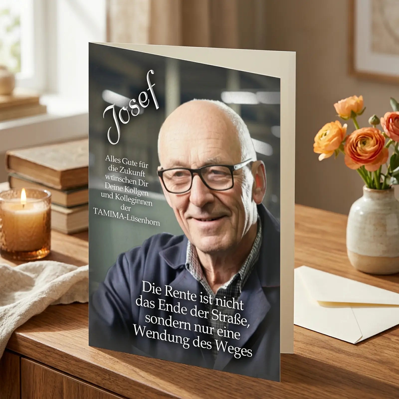 außergewöhnliche Klappkarte zur Pensionierung, personalisiert mit Foto und Name und besonderer Widmung