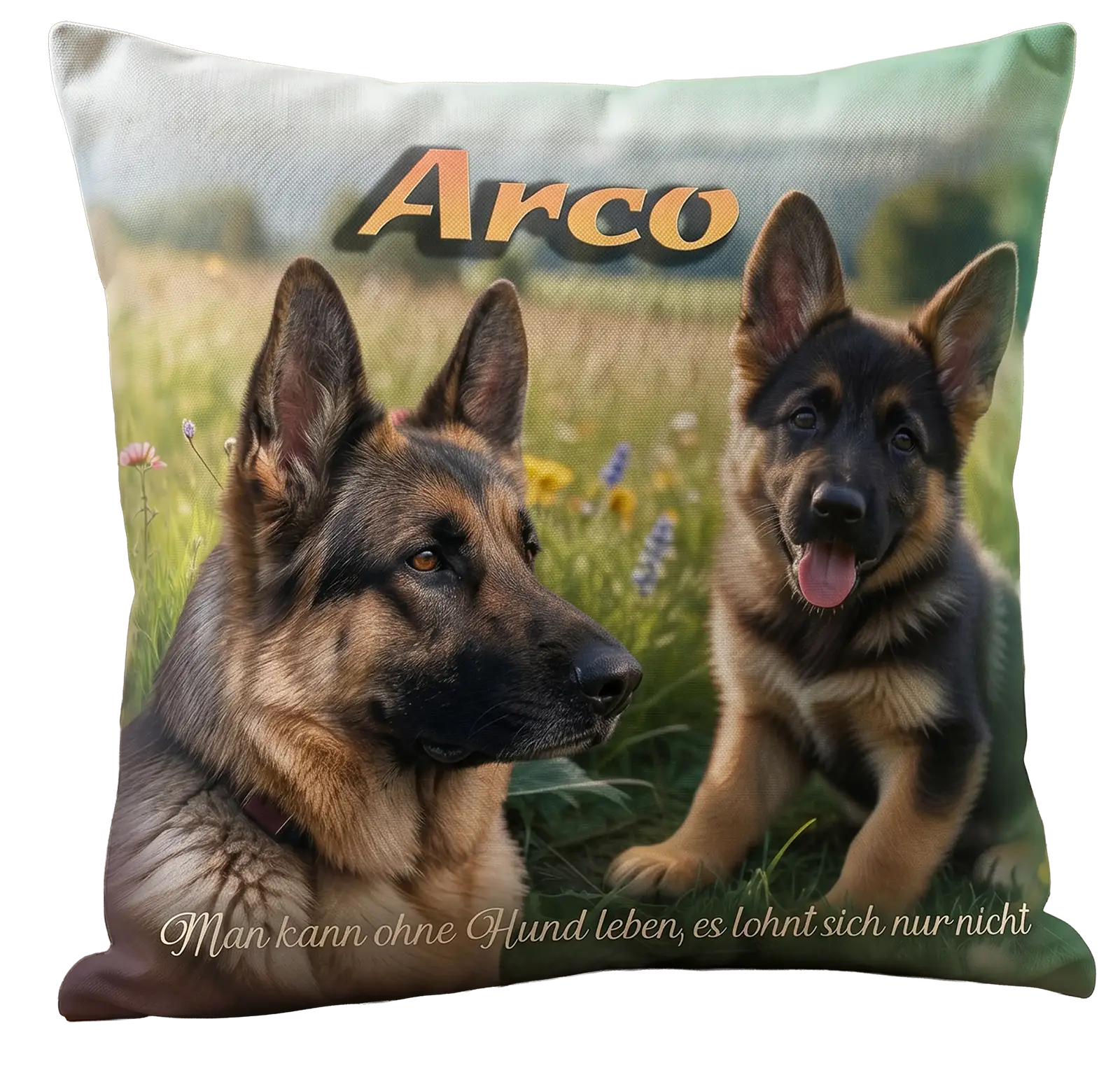 Personalisiertes Kissen mit Hund Arco, zwei Hundebildern und Spruch als Geschenk für Tierfreunde