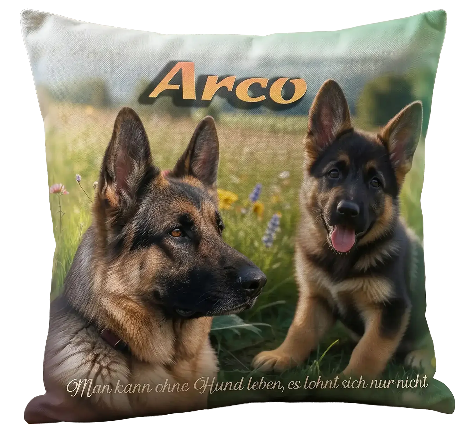 Personalisiertes Kissen mit Hund Arco, zwei Hundebildern und Spruch als Geschenk für Tierfreunde