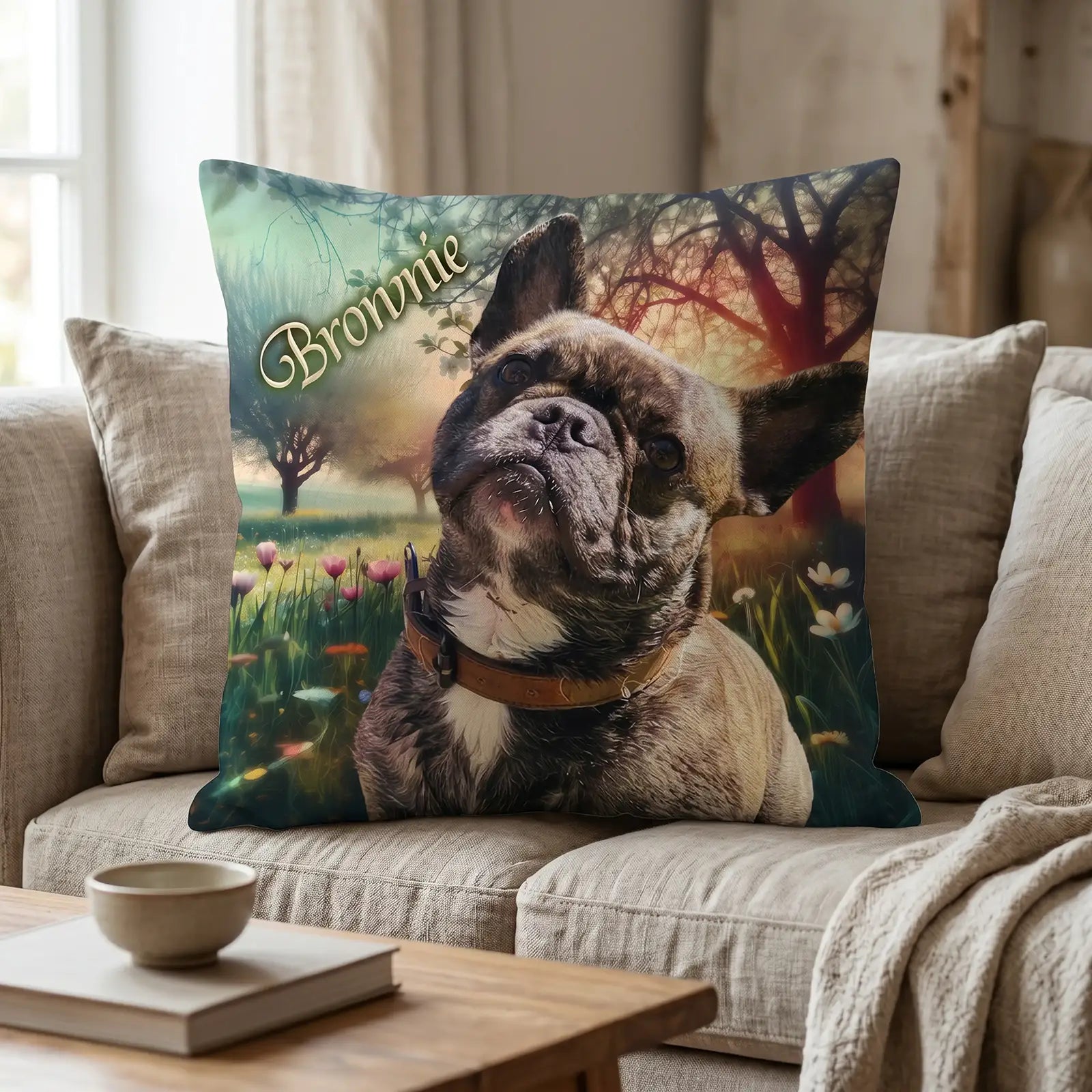 Personalisiertes Kissen mit Hund Brownie und fantasievollem Naturmotiv als Geschenk für Tierfreunde