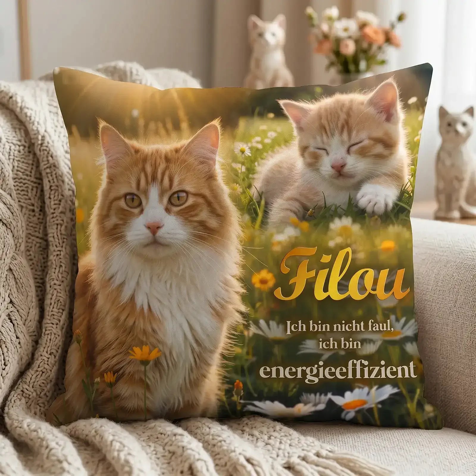 Personalisiertes Kissen mit Katze Filou, Katzenfoto und humorvollem Spruch als Geschenk für Tierfreunde
