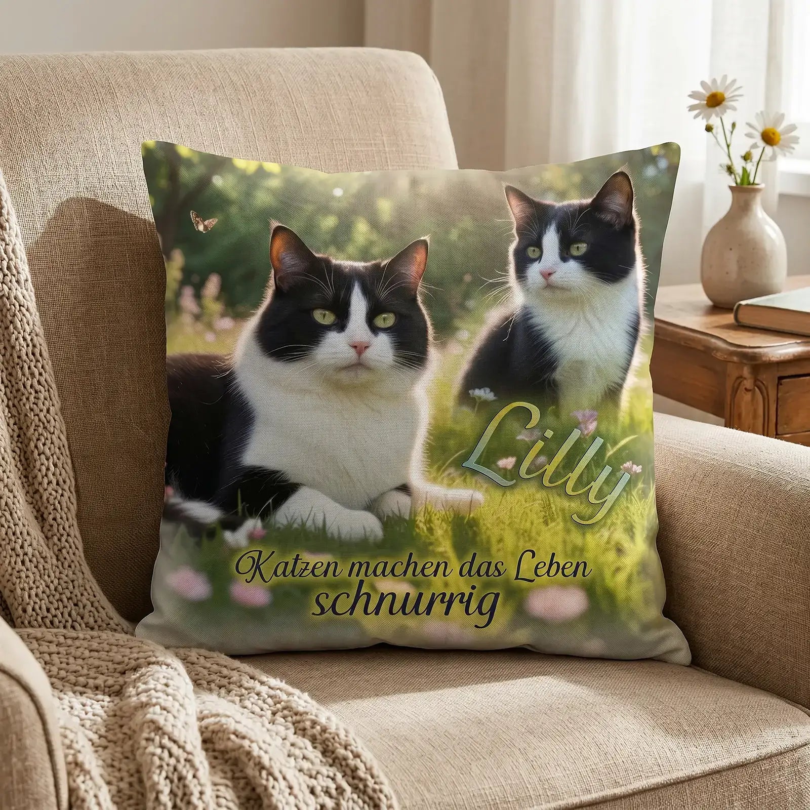 Personalisiertes Kissen mit Katzenfoto, Name Lilly und Spruch als Geschenk für Tierfreunde