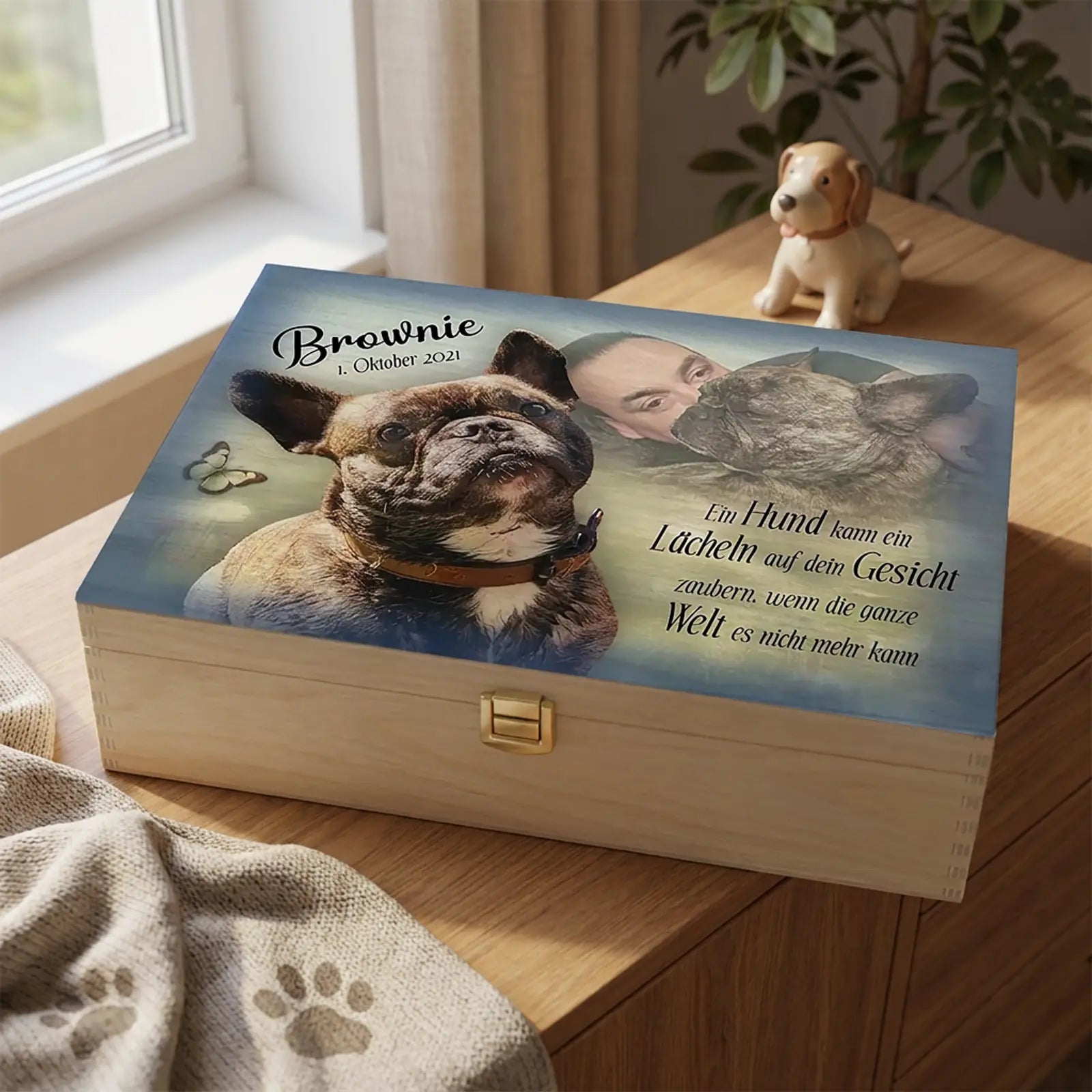 Personalisierte Holzbox mit Hund Brownie, Foto und liebevollem Spruch als Geschenk für Tierfreunde