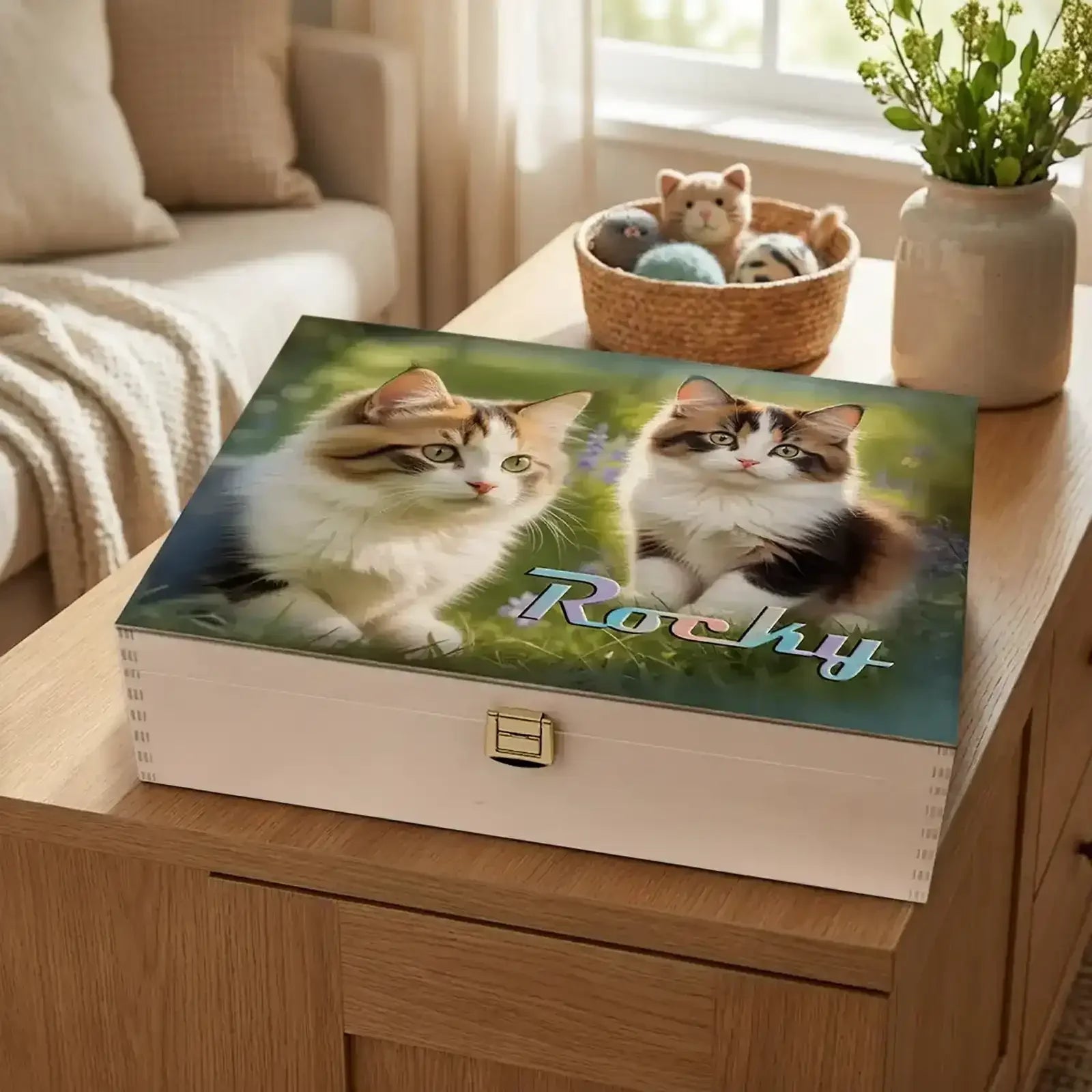 Personalisierte Holzbox mit Katze Rocky, zwei Katzenfotos und Naturmotiv als Geschenk für Tierfreunde