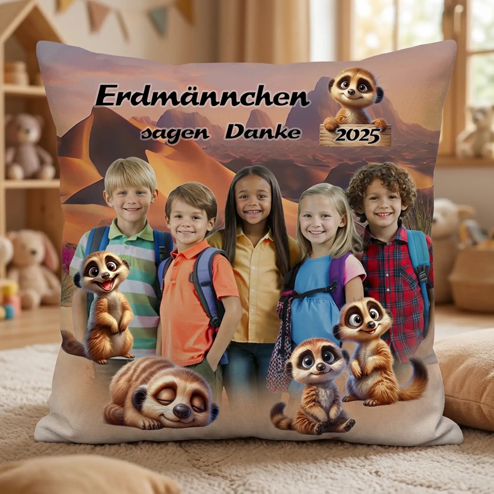 Fotokissen mit Namen und Gruppenbild – Schulanfang Geschenk im Erdmännchen-Design