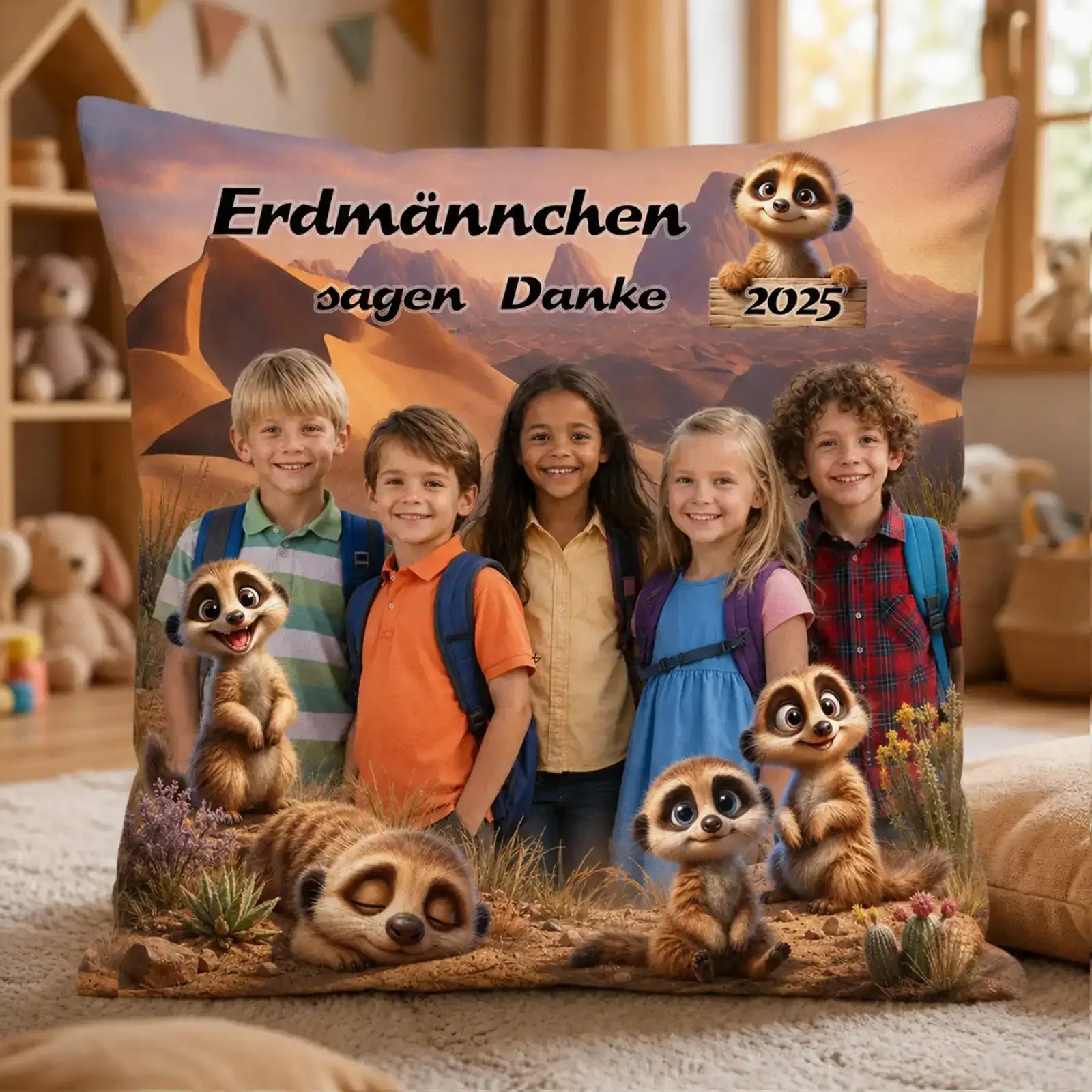 Fotokissen mit Namen und Gruppenbild – Schulanfang Geschenk im Erdmännchen-Design