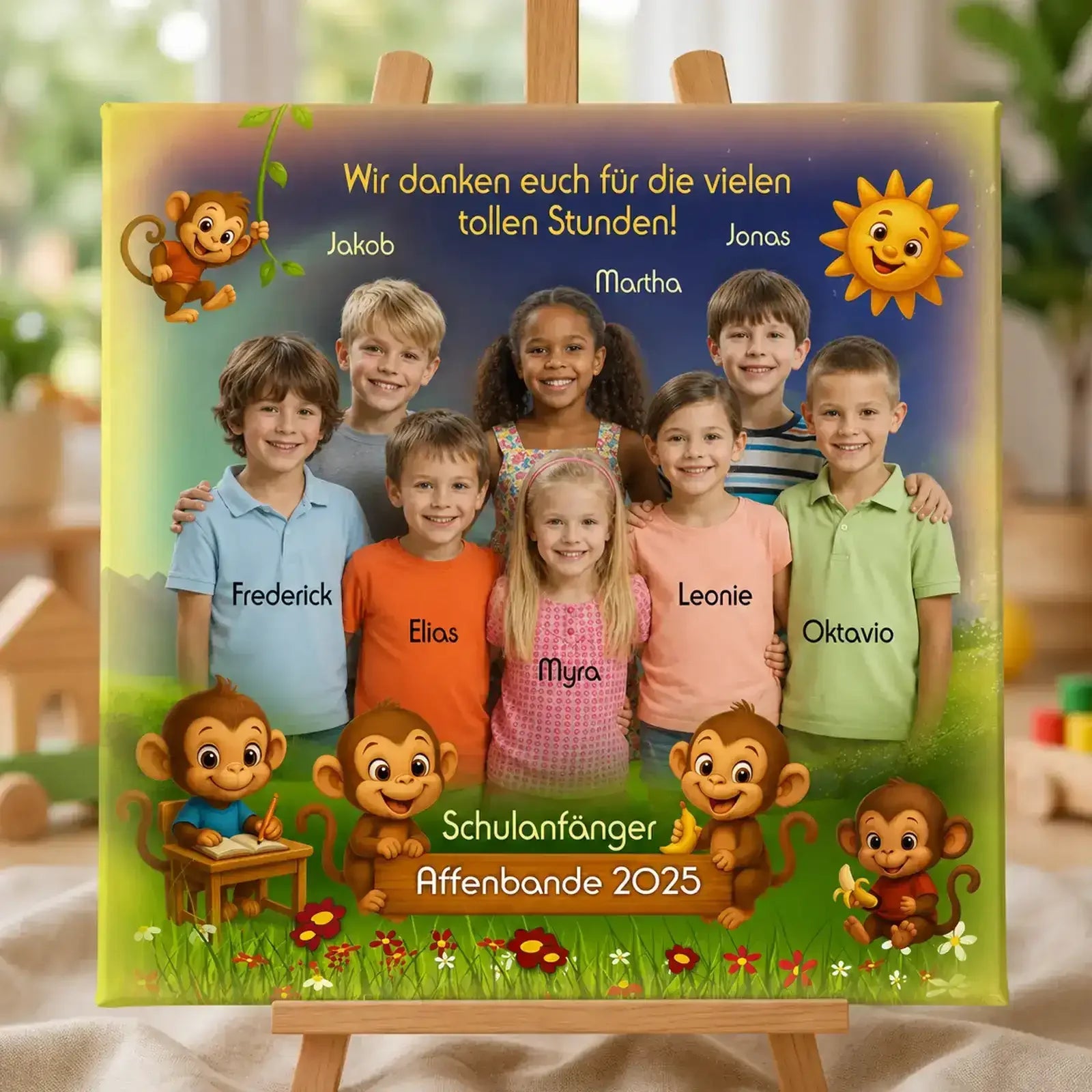 Geschenk für Betreuer und Betreuerinen - Leinwand mit Schulanfängern 2025. Erinnerungscollage mit Kindern und Affen.