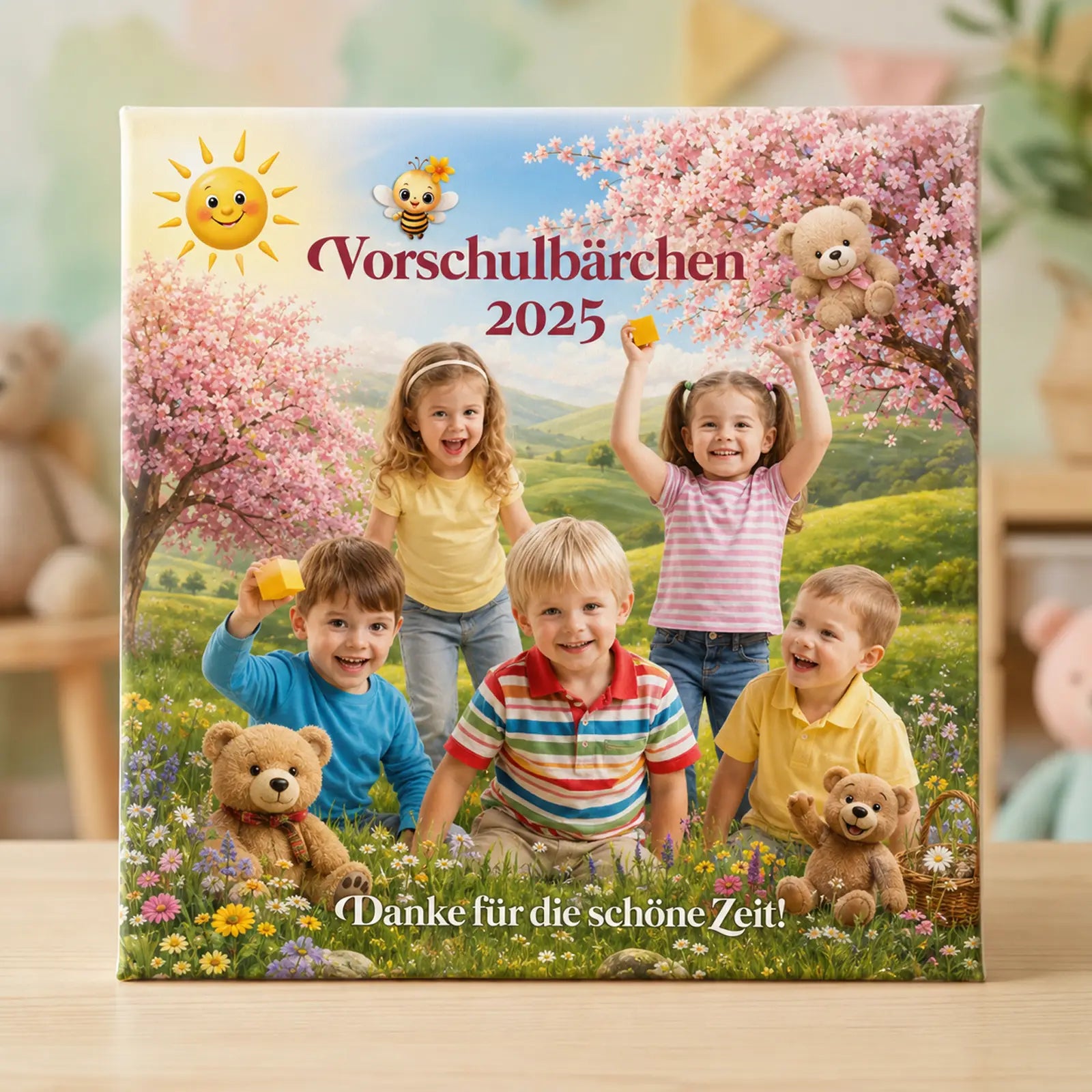 Geschenk für Betreuer und Betreuerinnen - Leinwand Vorschulbärchen 2025 mit fröhlichen Kindern und Dankeschön