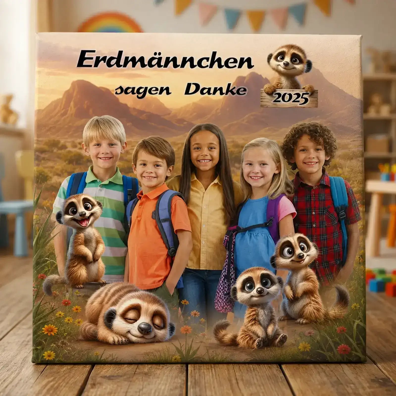 Geschenk für Betreuer und Betreuerinnen: Leinwand mit Erdmännchen und lachenden Kindern 2025