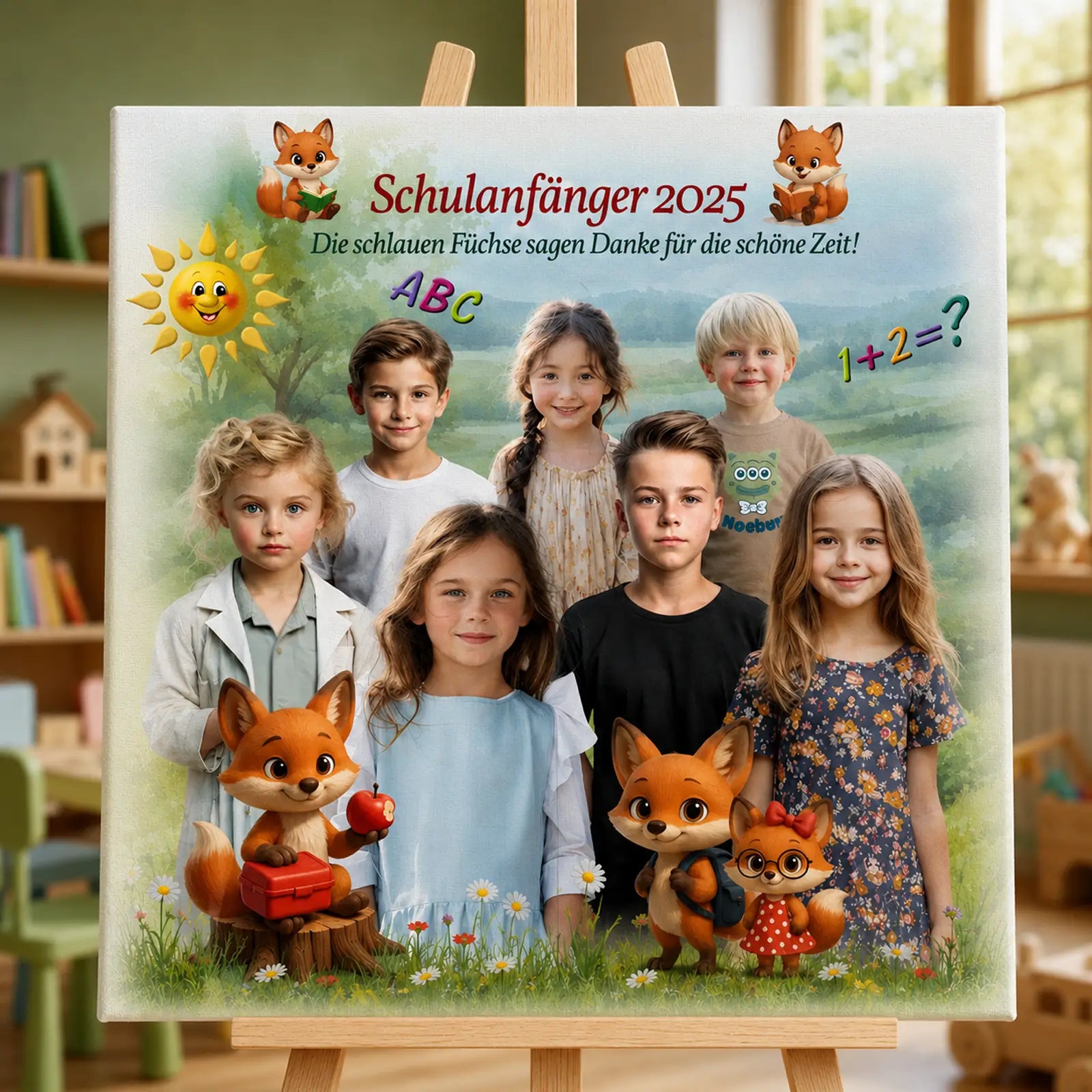 Geschenk für Betreuer und Betreuerinen - Collage mit Schulkindern und Fuchs-Motiven, Abschiedsgeschenk für Kita und Schule.