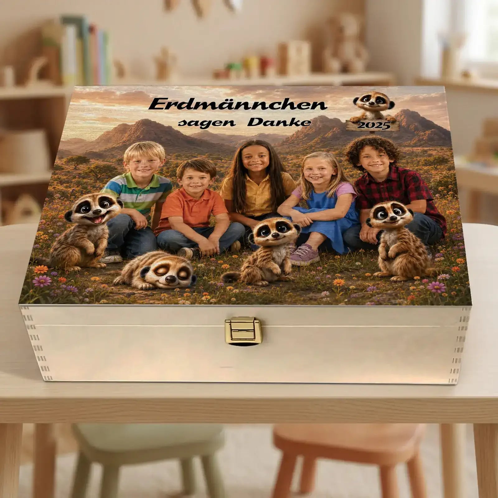 Geschenk – Gruppenbild auf Holzbox mit fünf Kindern und Erdmännchen-Motiven, eine persönliche Erinnerung für Kindergarten und Schule.