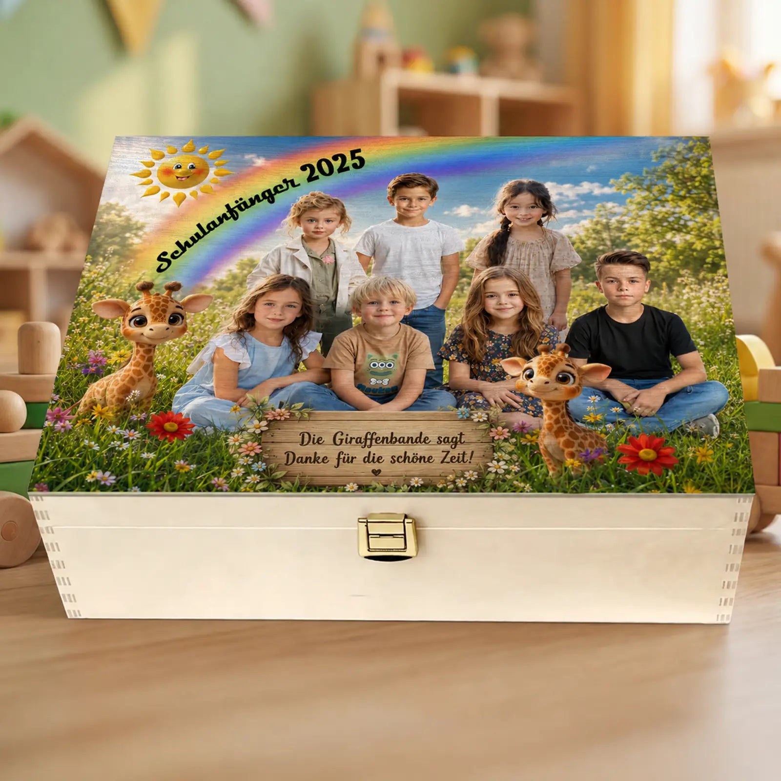 Holzbox mit mehreren Kinderfotos – liebevolles Fotogeschenk zum Schulanfang