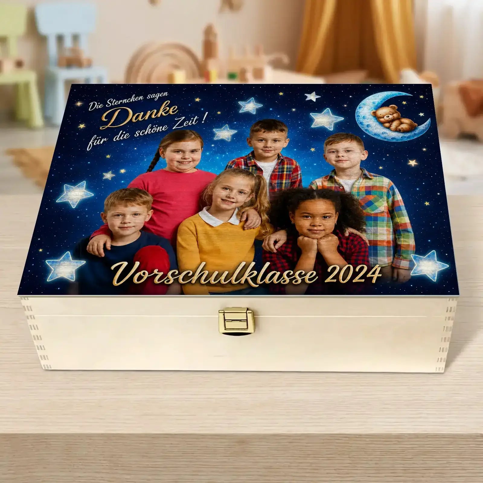 Geschenk Holzbox mit Gruppenfoto von Schulkindern für den Kindergarten, Vorschulklasse 2024.
