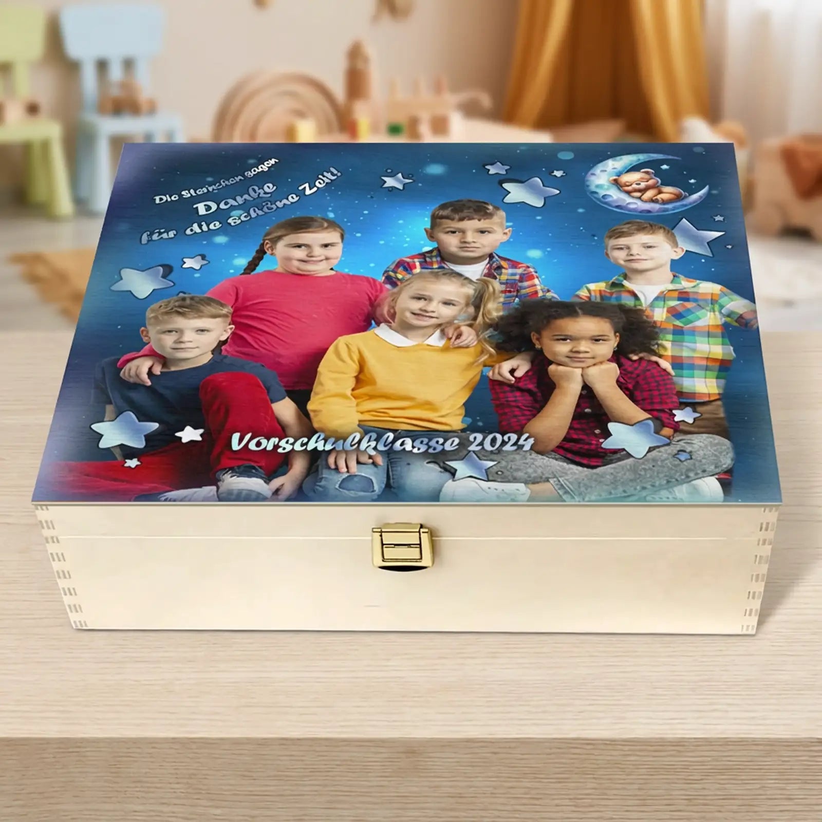 Geschenk Holzbox mit Gruppenfoto von Schulkindern für den Kindergarten, Vorschulklasse 2024.
