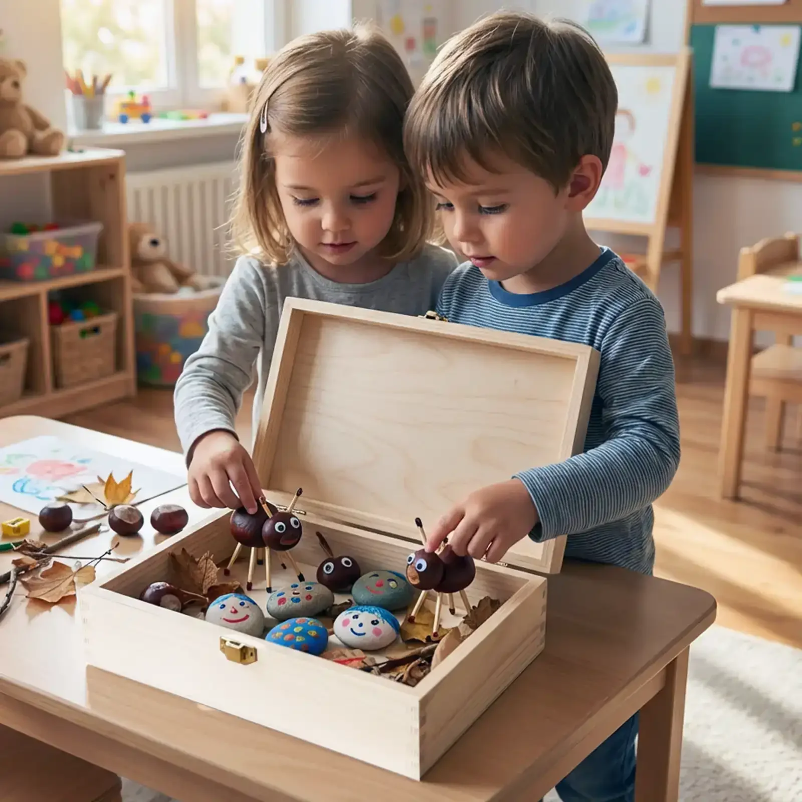 Zwei Kinder spielen mit einer Holzbox voller selbstgemachter Geschenke und Dekorationen zum Abschied aus dem Kindergarten.