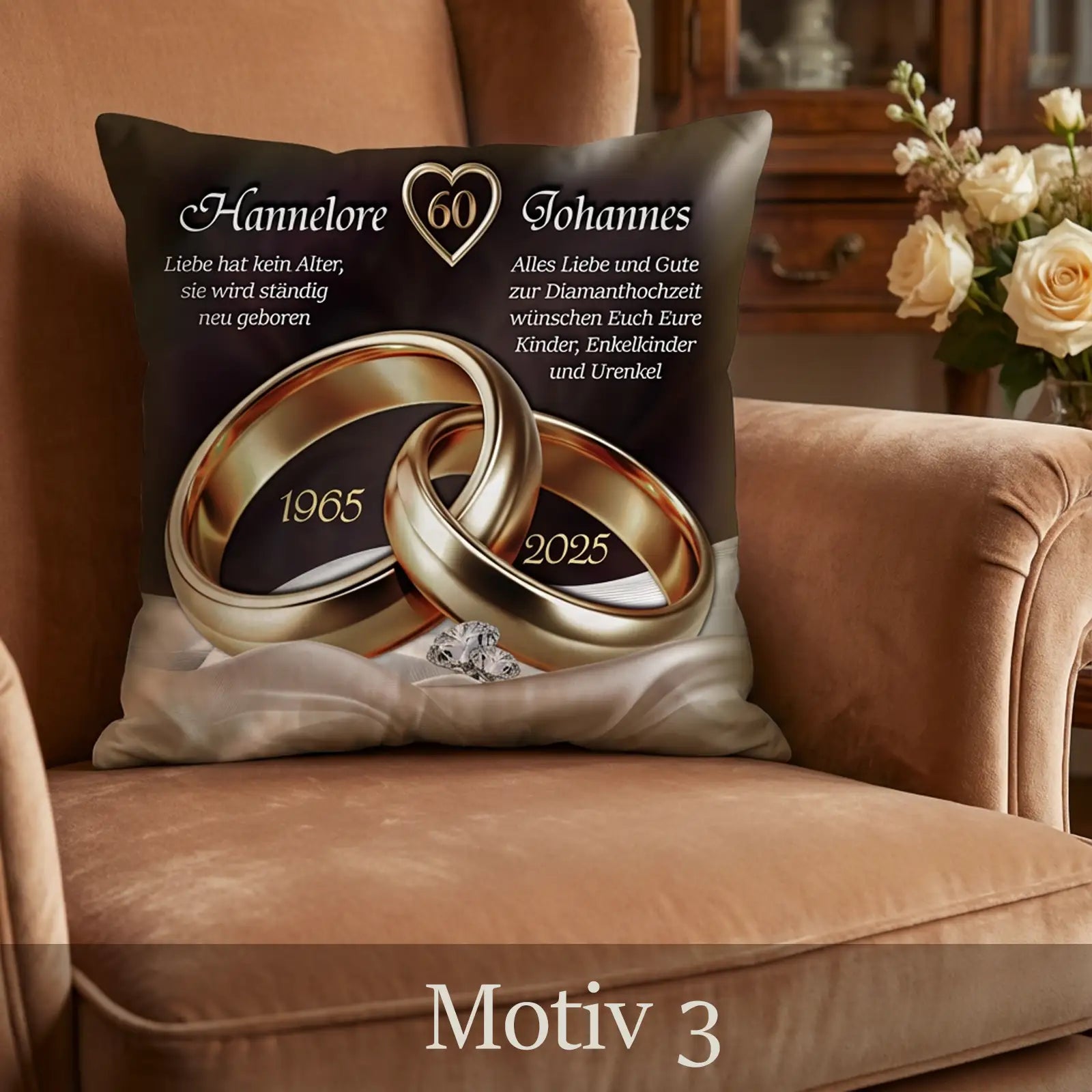 Individuelles Kissen zur Diamantenhochzeit. Personalisiert mit Namen und Datum als bleibende Erinnerung.