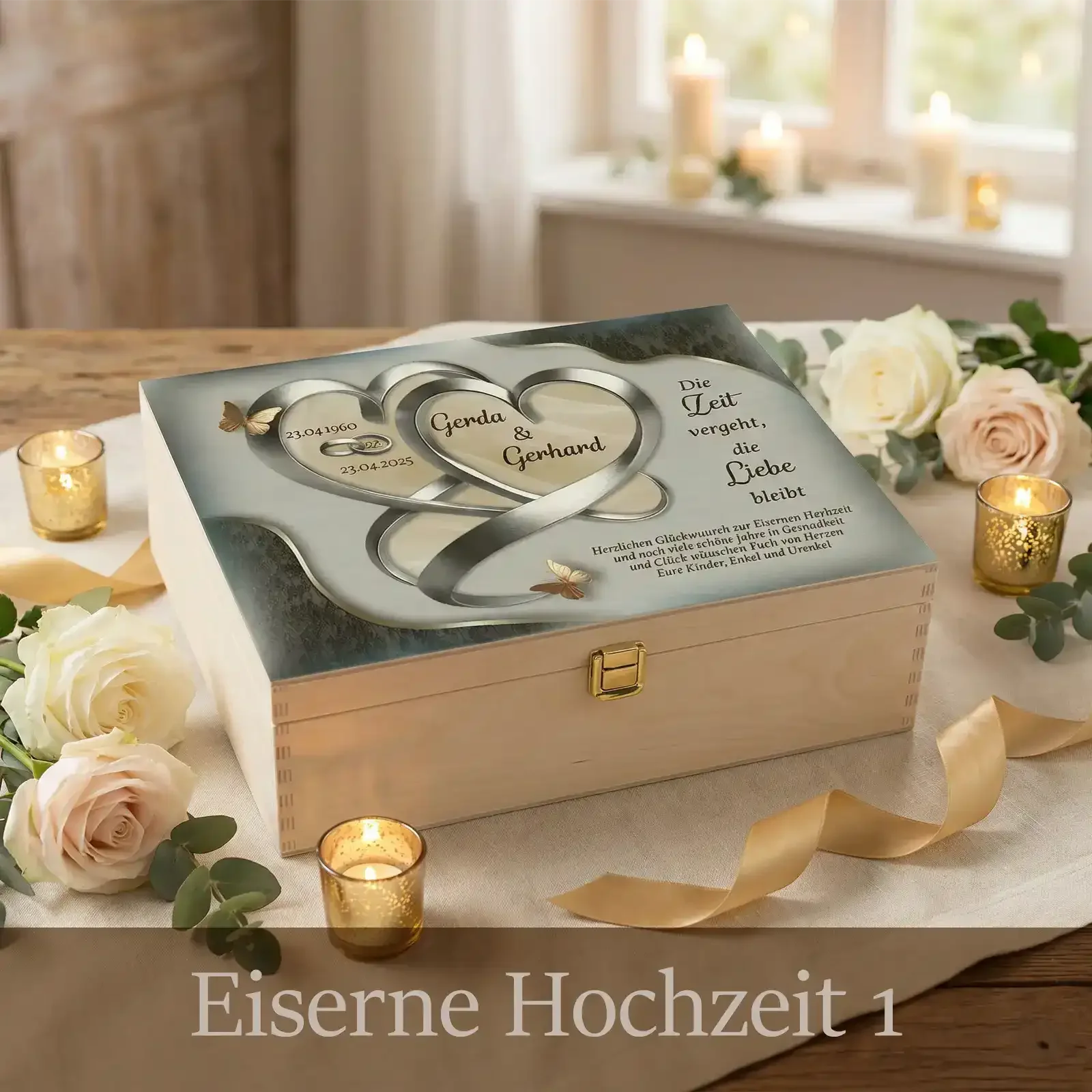 Personalisiertes Geschenk zum 65. Hochzeitstag. Holzbox zur Eisernen Hochzeit mit Namen und Datum individuell gestaltet.