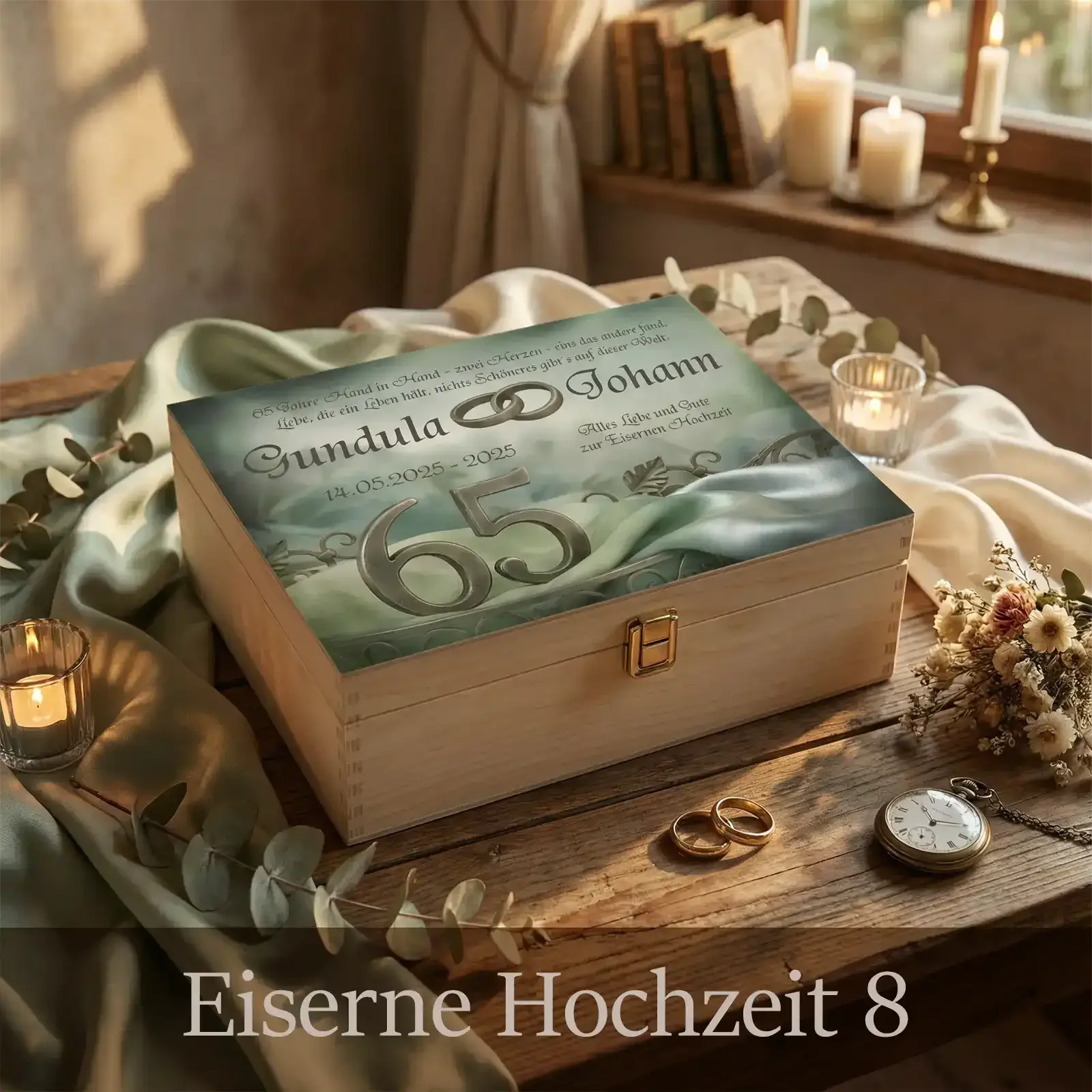 Geschenk zum 65. Hochzeitstag. Personalisierte Holzbox zur eisernen Hochzeit mit stilvollem Motiv, Namen und Datum.