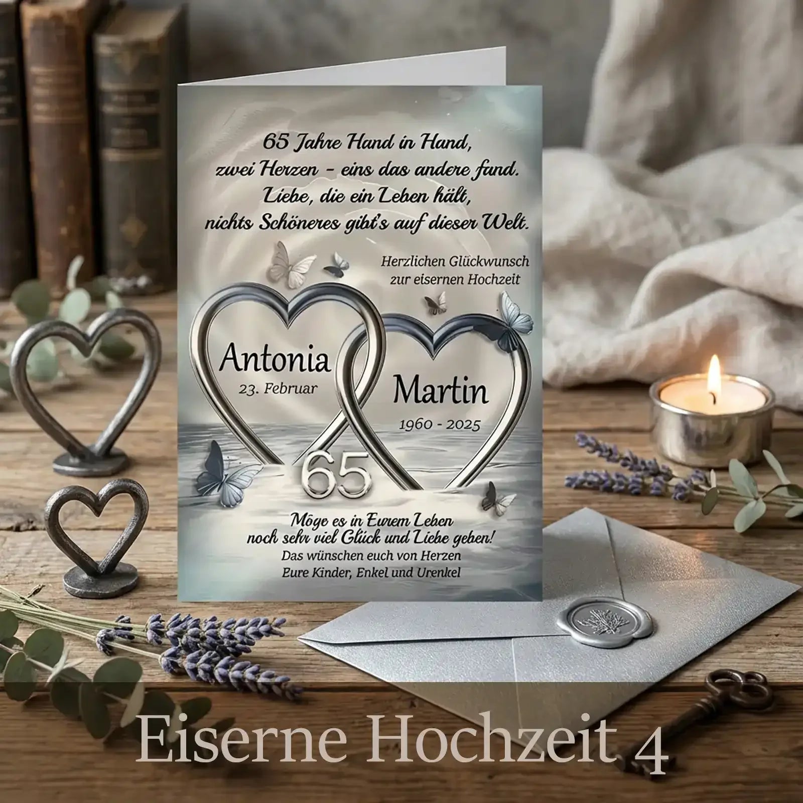 Dieses personalisierte Geschenk zum Hochzeitstag zeigt eine Karte mit Namen in einem stimmigen Design.