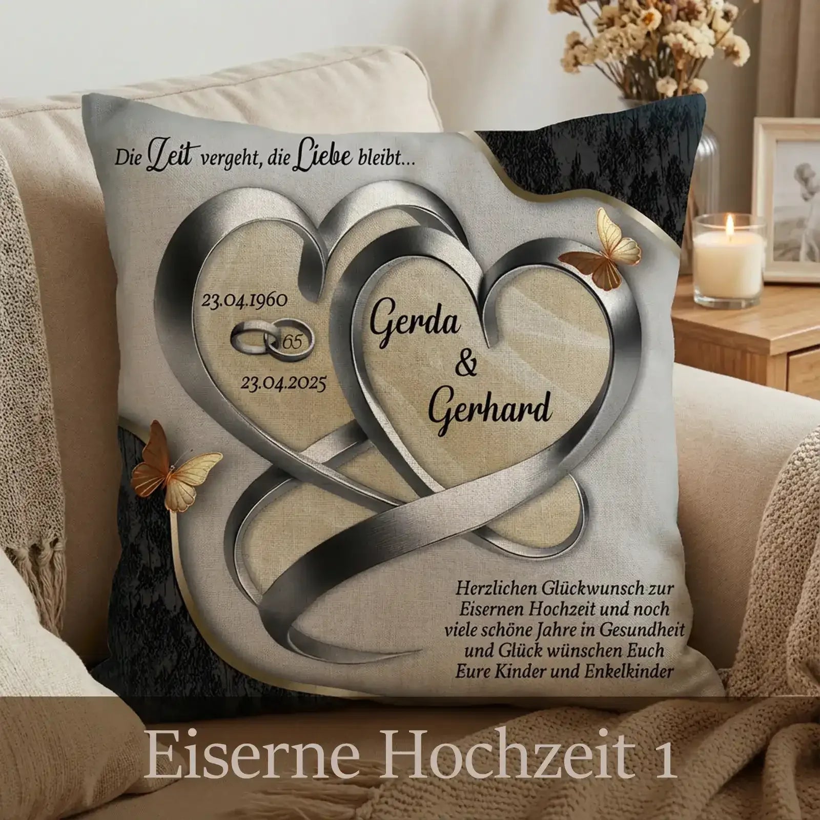 Personalisiertes Geschenk zum 65. Hochzeitstag. Kissen zur Eisernen Hochzeit mit Namen und Datum individuell gestaltet.