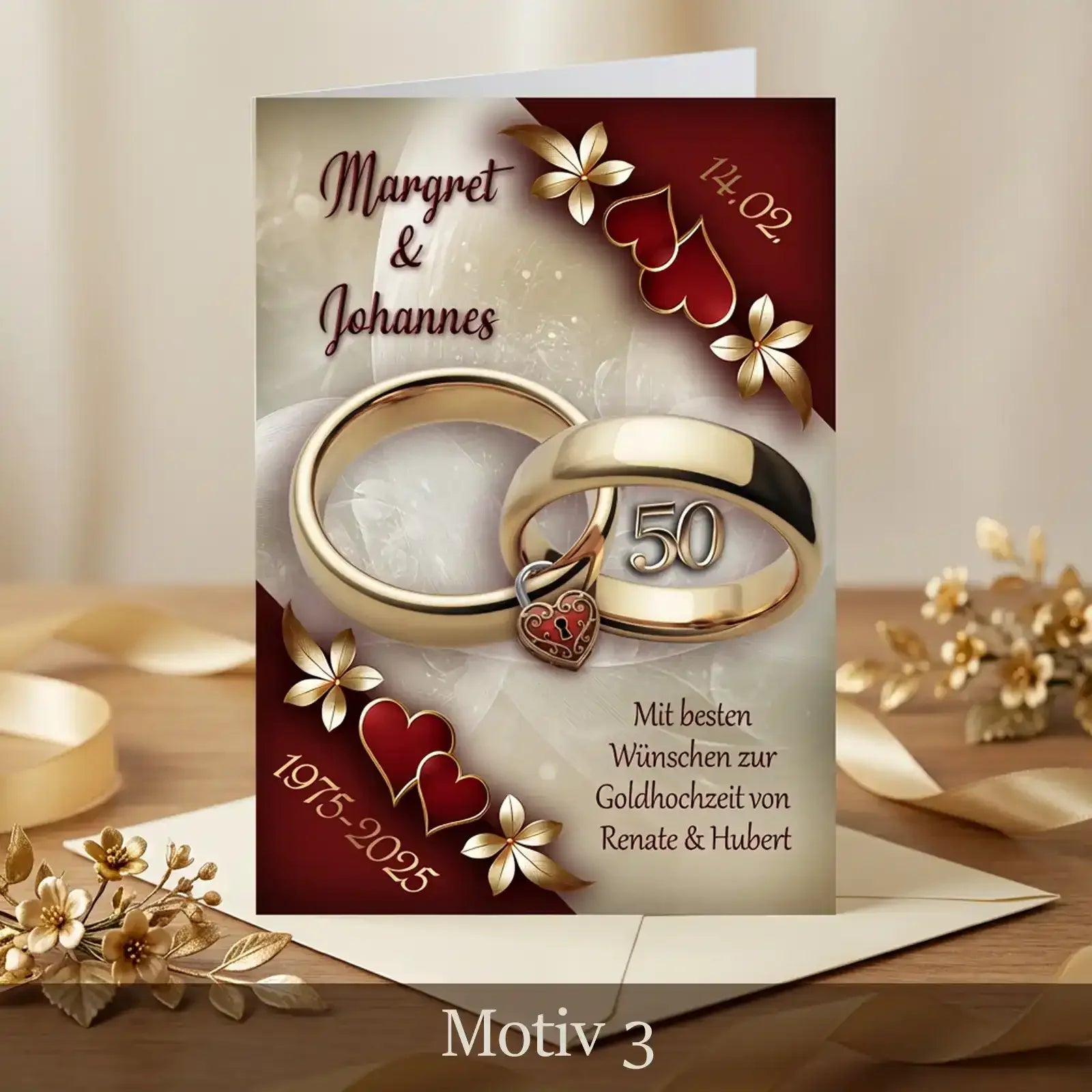 Geschenk zur Goldhochzeit mit personalisierten Grußkarten und Eheringen für das 50. Jubiläum von Margret und Johannes. Exklusiv zum 50. Hochzeitstag.