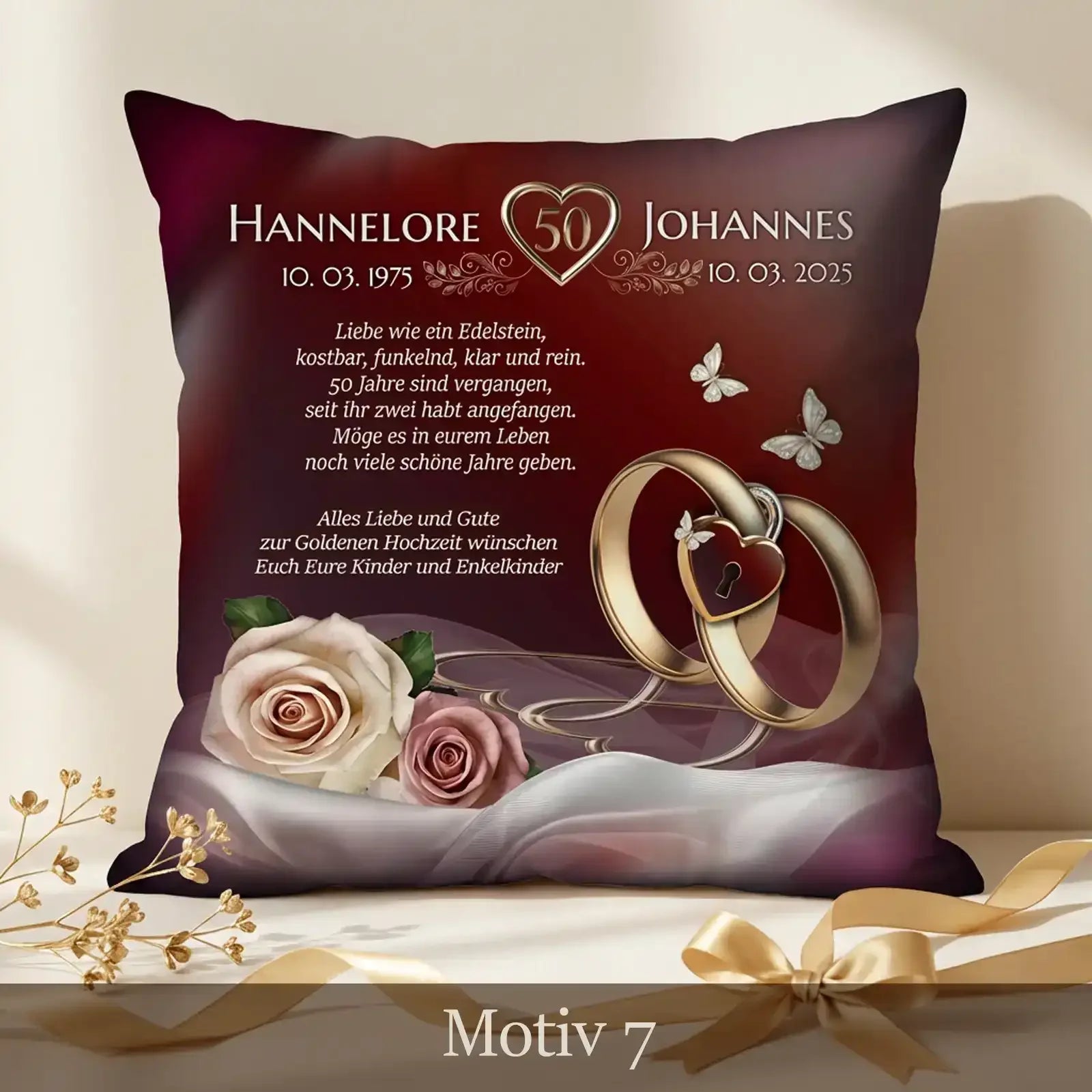 Einzigartiges Geschenk zum 50. Hochzeitstag. Kissen zur Goldenen Hochzeit personalisiert mit Namen und Datum.Hochzeitstag.