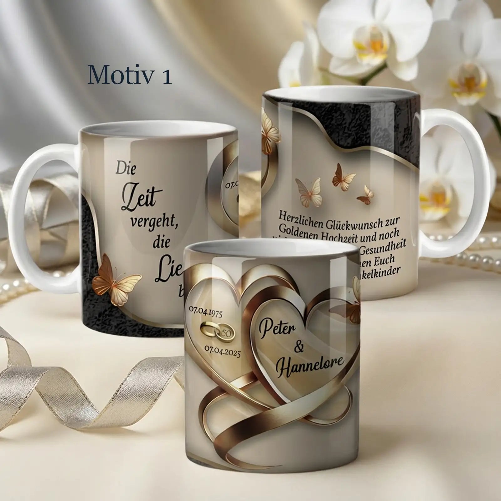 Personalisiertes Geschenk zur goldenen Hochzeit – eine Tasse zum 50. Hochzeitstag mit Namen und liebevollem Design.