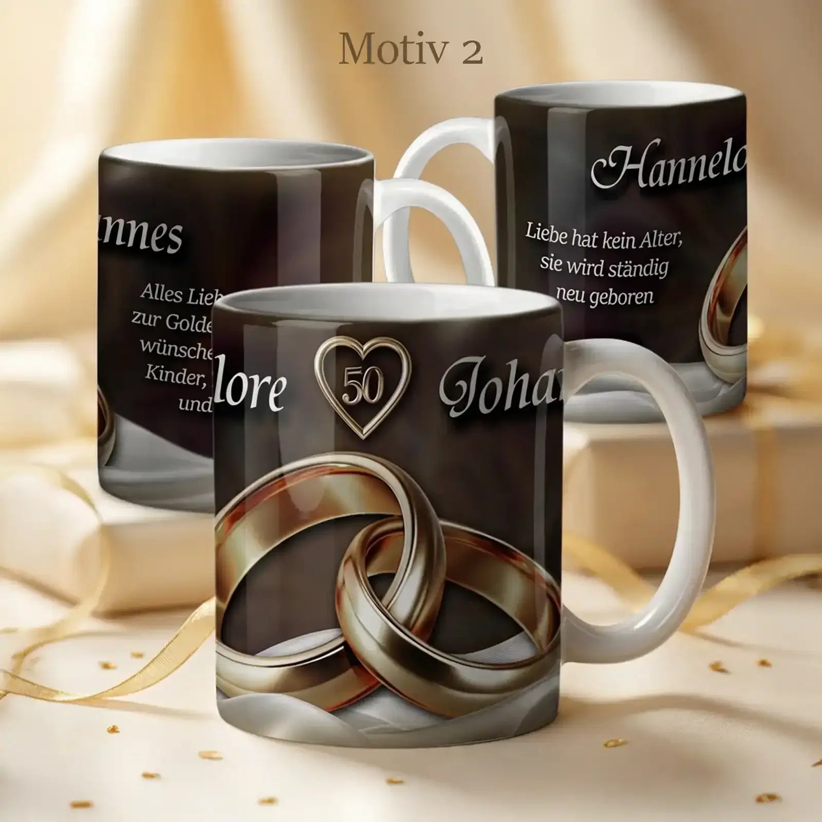 Diese Tasse ist ein personalisiertes Geschenk zur Goldhochzeit und wird zum 50. Hochzeitstag individuell gestaltet.