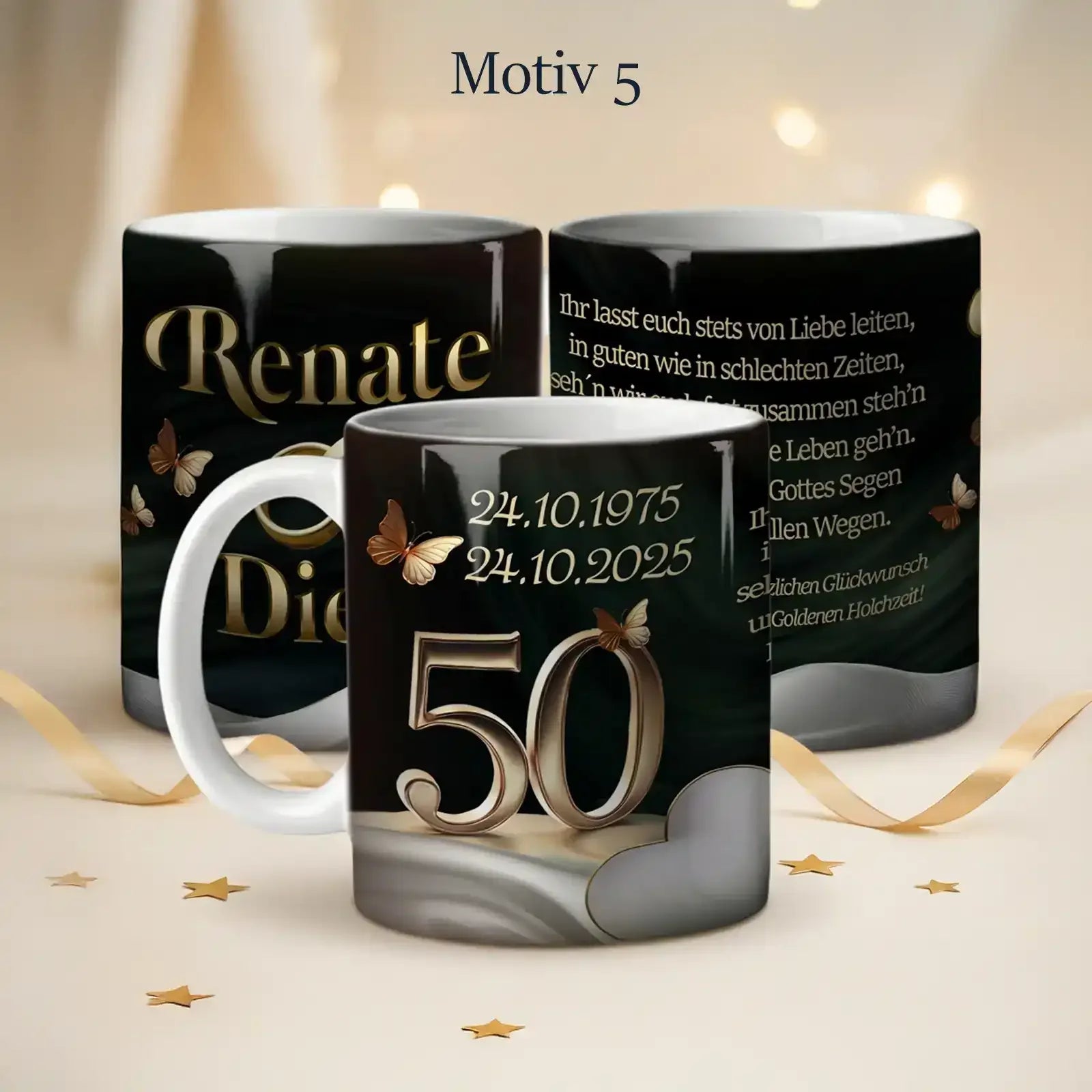 Eine individuell gestaltete Tasse ist ein personalisiertes Geschenk zur goldenen Hochzeit für den 50. Hochzeitstag.
