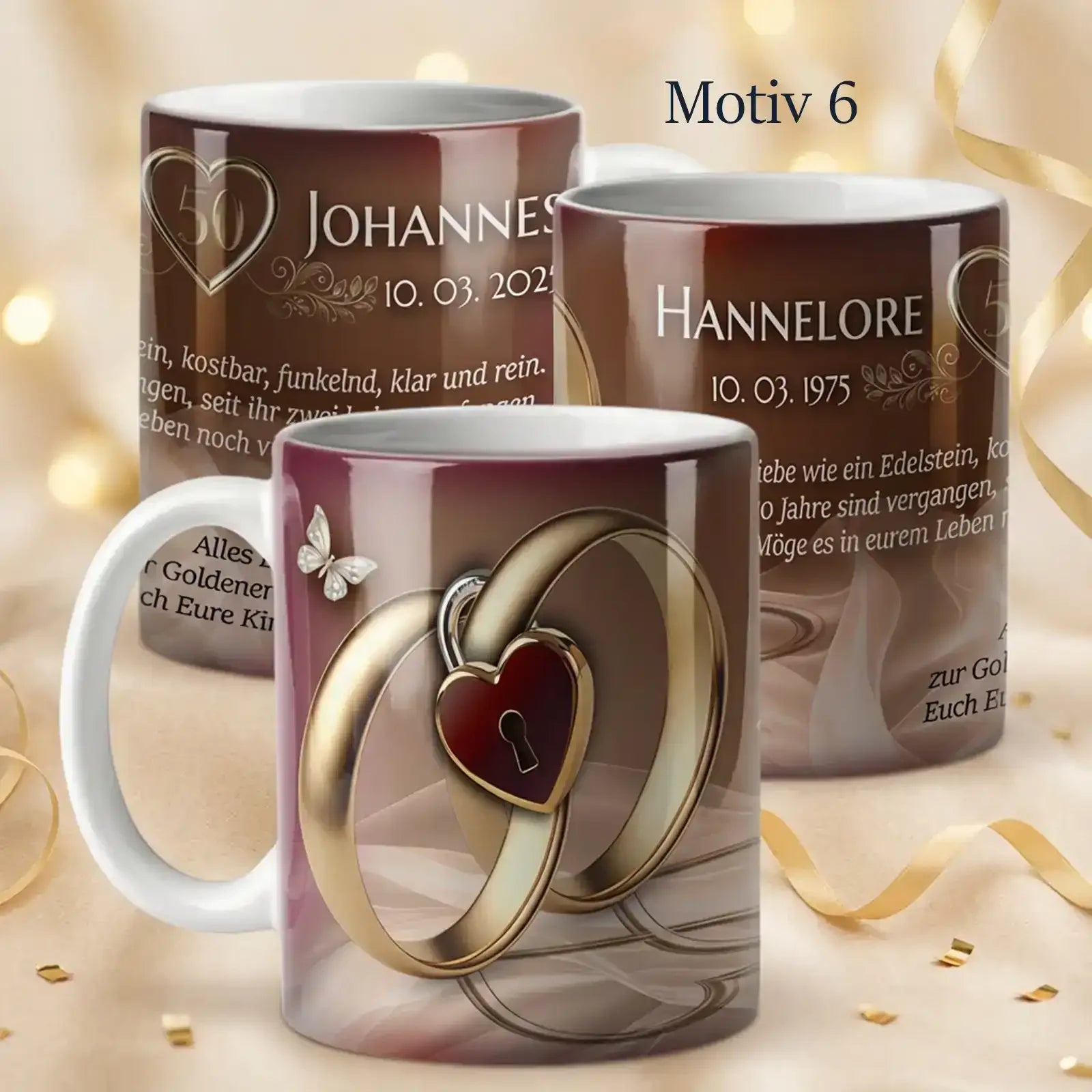 Diese Tasse ist ein personalisiertes Geschenk zur Goldhochzeit mit Namen und Design zum 50. Hochzeitstag.