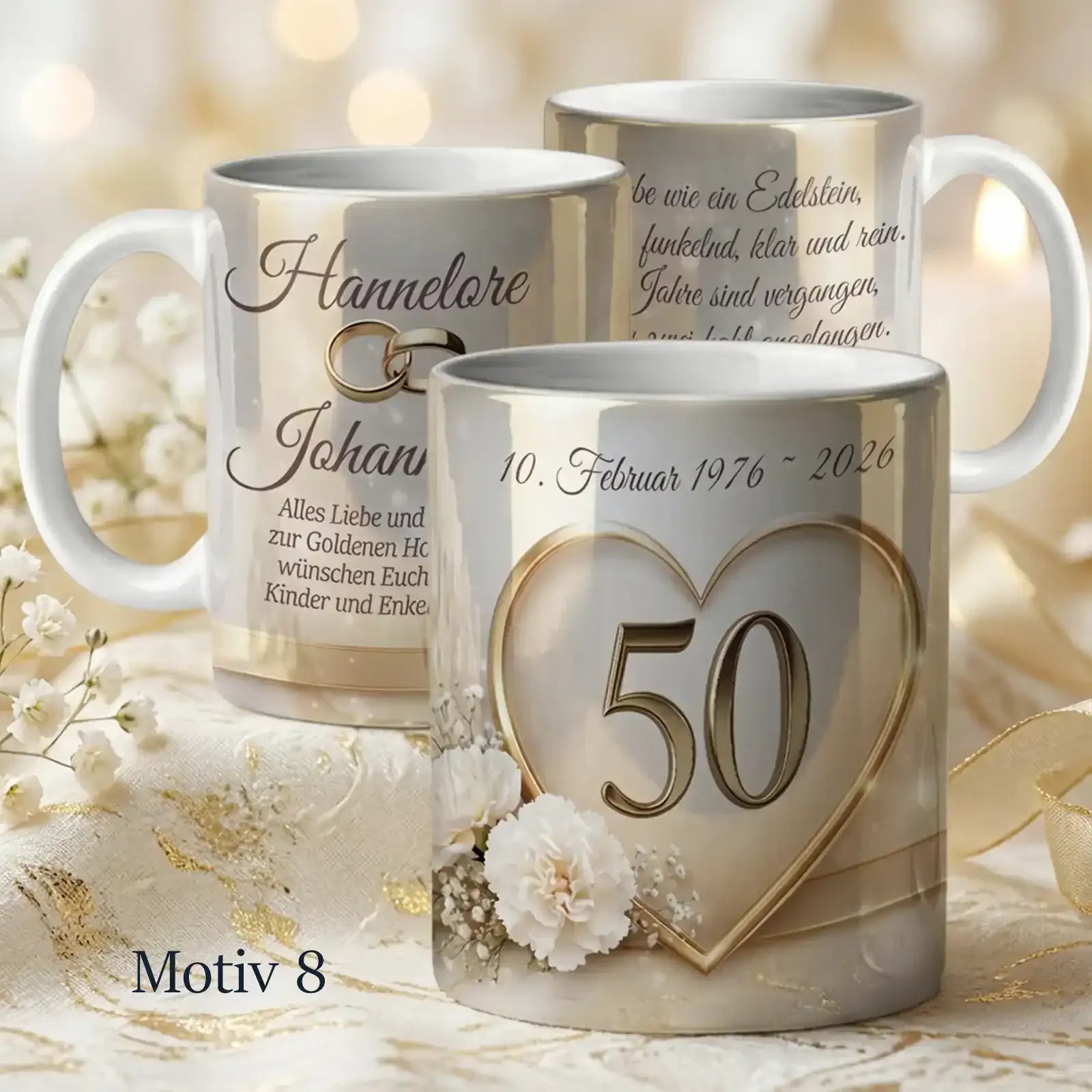 Diese Tasse wird als personalisiertes Geschenk zur Goldhochzeit zum 50. Hochzeitstag gestaltet.