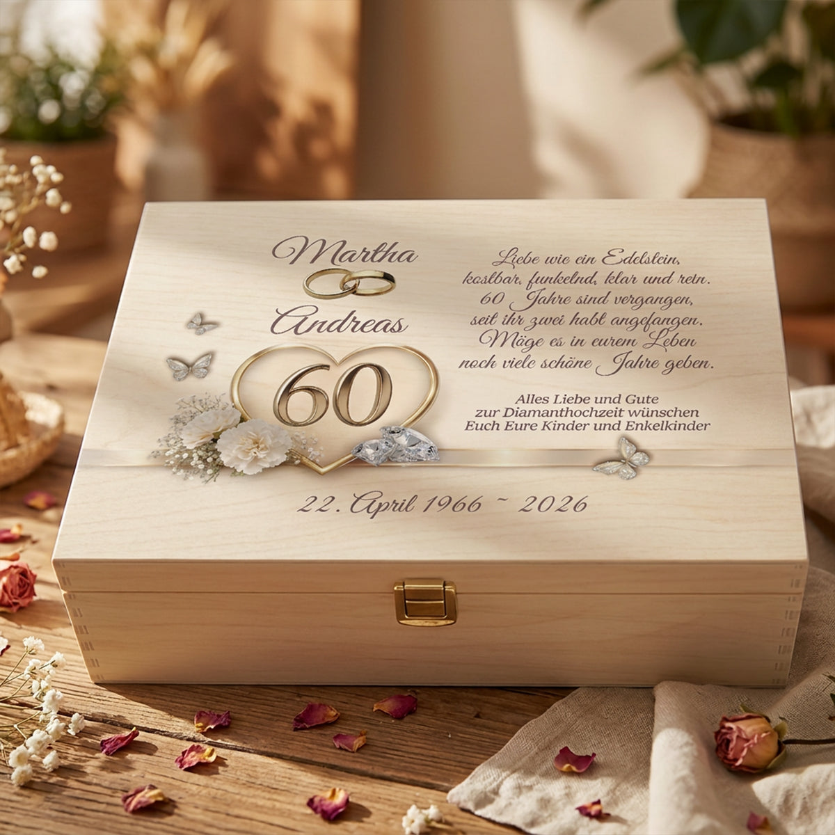 Personalisierte Holzbox zur Diamantenen Hochzeit mit Druck-Motiv 60 Jahre, Namen des Paares und individuellem Glückwunsch-Spruch