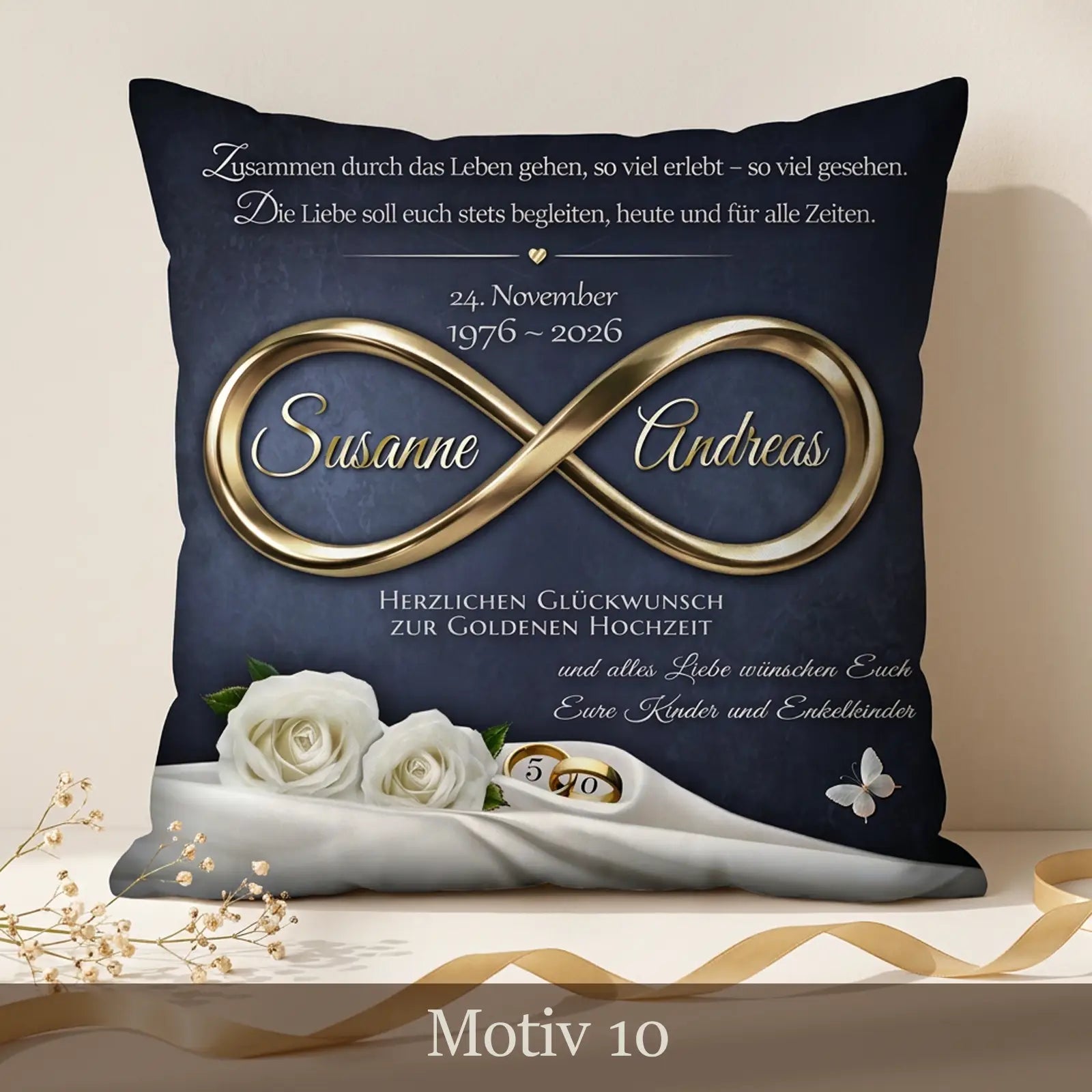 Hochwertiges Geschenk zur Goldenen Hochzeit auf Kissen individuell personalisiert mit Namen, Datum und Motiv zum 50. Hochzeitstag