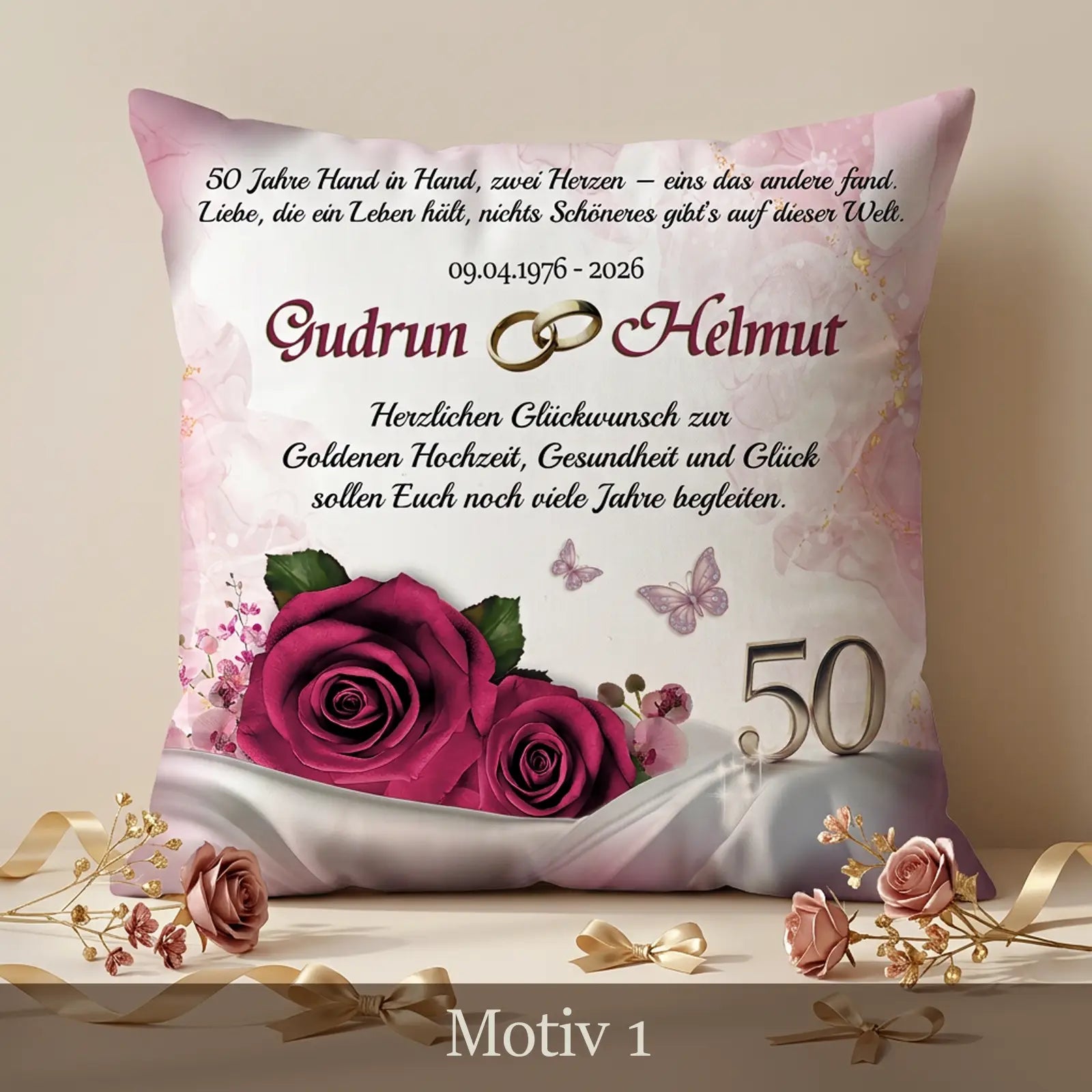 Hochwertiges Geschenk zum 50. Hochzeitstag als Kissen zur Goldenen Hochzeit individuell personalisiert mit Namen und Datum