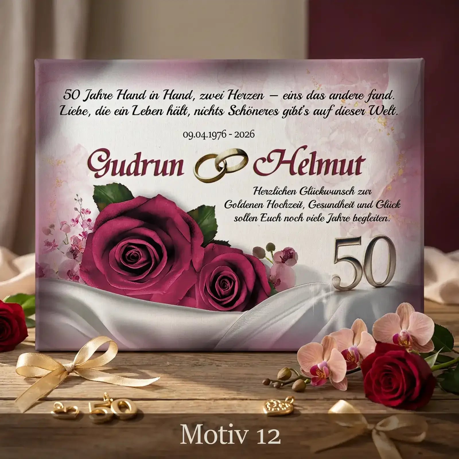 Hochwertiges Geschenk zur Goldenen Hochzeit auf Leinwand individuell personalisiert mit Namen, Datum und Motiv zum 50. Hochzeitstag