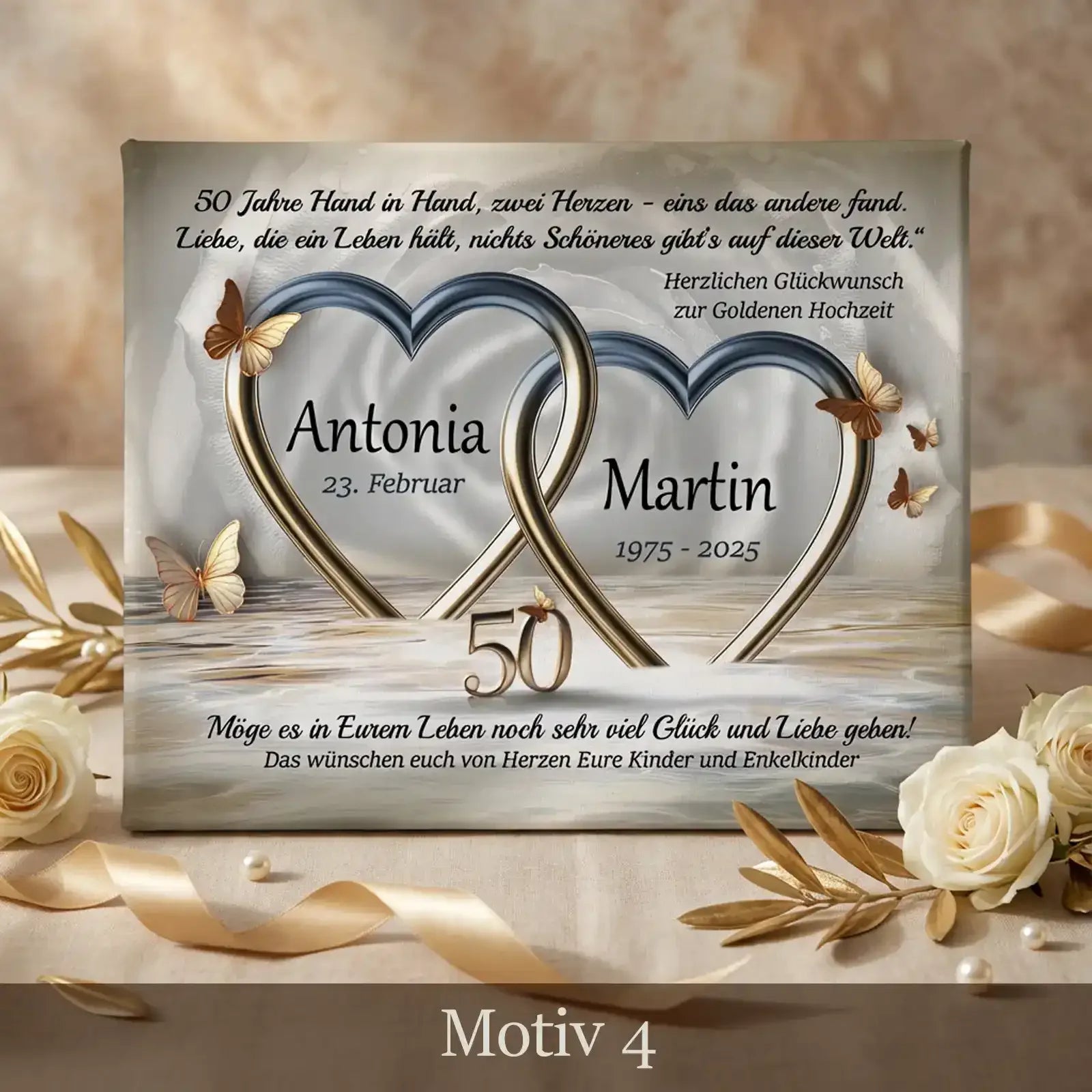 Geschenk zum 50. Hochzeitstag. Personalisierte Leinwand zur Goldhochzeit mit individuellem Motiv, Namen und Datum.