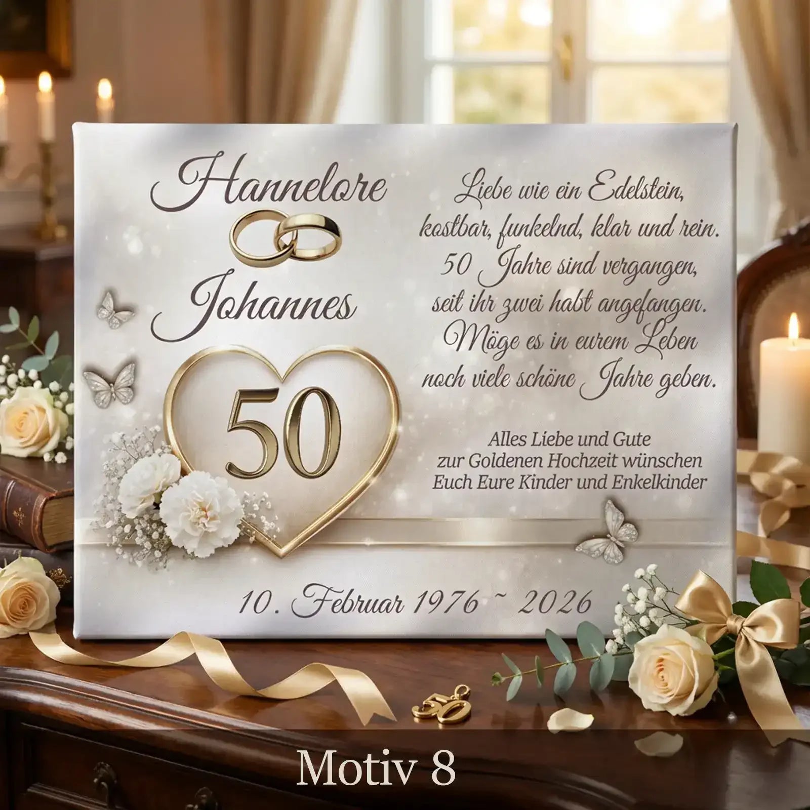 Geschenk zum 50. Hochzeitstag. Personalisierte Leinwand zur Goldhochzeit mit stilvollem Motiv, Namen und Datum.