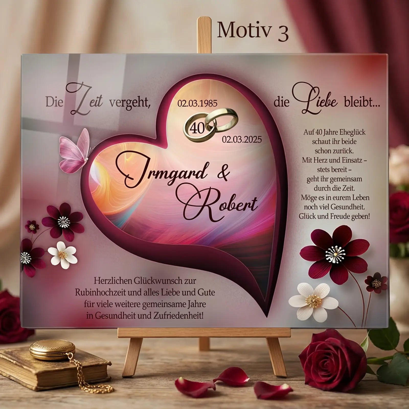 Geschenk zur Rubinhochzeit – personalisiertes Acrylglasbild zum 40. Hochzeitstag mit Namen und Datum für den 40. Hochzeitstag.