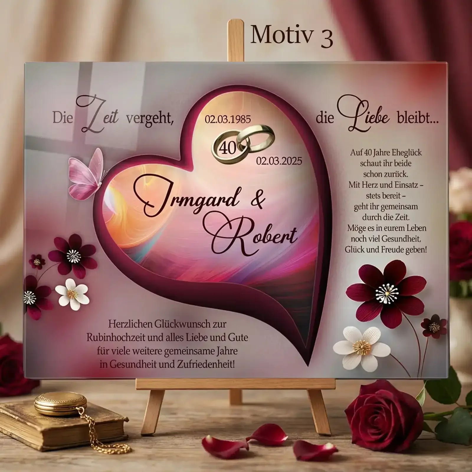 Geschenk zur Rubinhochzeit – personalisiertes Acrylglasbild zum 40. Hochzeitstag mit Namen und Datum für den 40. Hochzeitstag.
