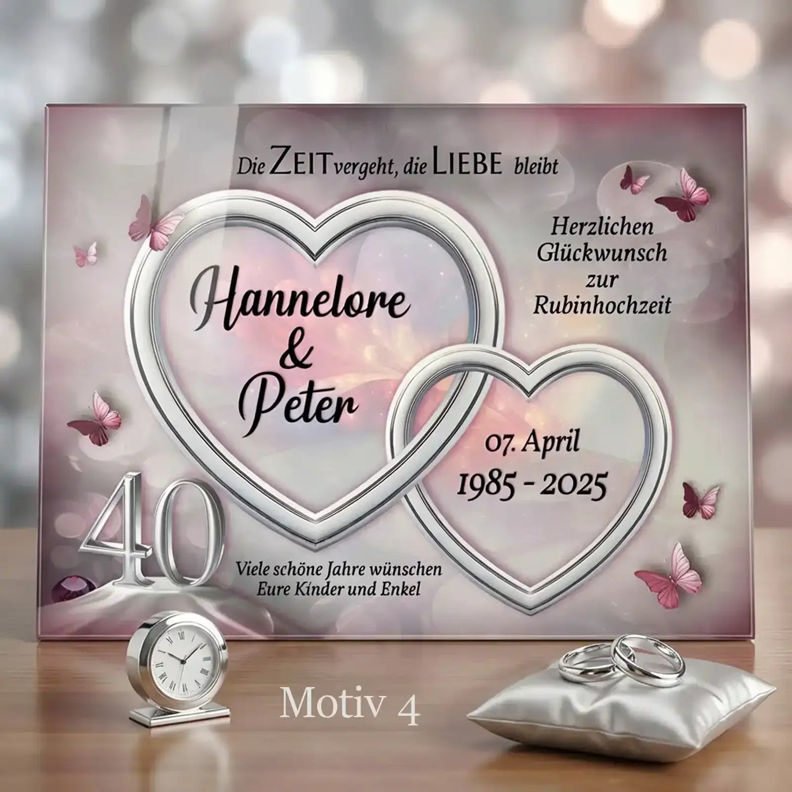 Geschenk zur Rubinhochzeit – Personalisiertes Acrylglasbild zum 40. Hochzeitstag mit Herzen und Namen Hannelore und Peter