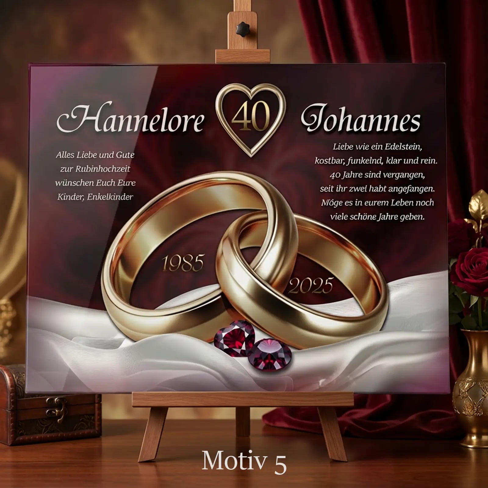 Geschenk zur Rubinhochzeit – personalisierte Acrylglasbilder zum 40. Hochzeitstag mit Namen Hannelore und Johannes, Jubiläumsringgrafik.