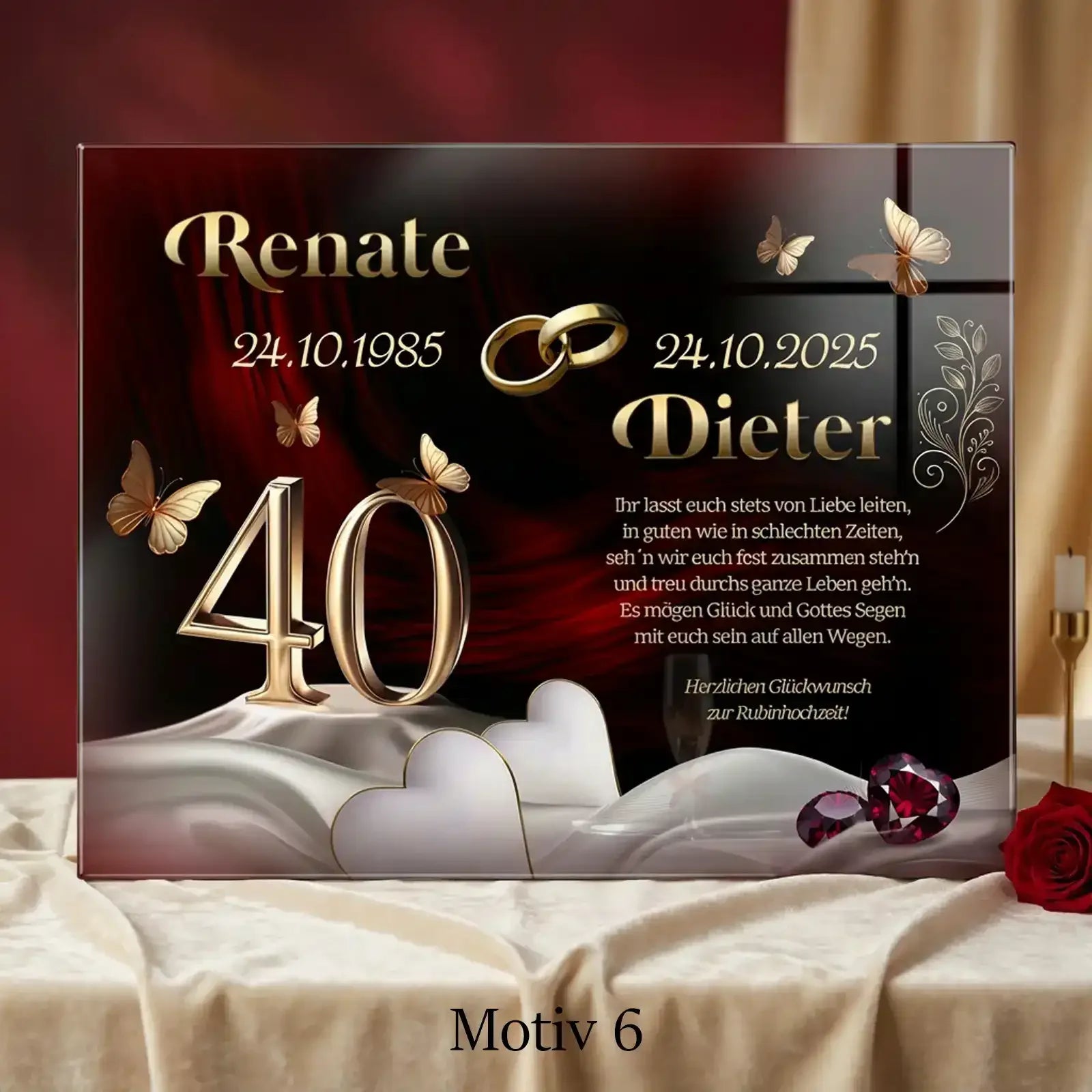 Geschenk zur Rubinhochzeit – Personalisierte Acrylglasbilder zum 40. Hochzeitstag mit Namen und Datum für den 40. Hochzeitstag.