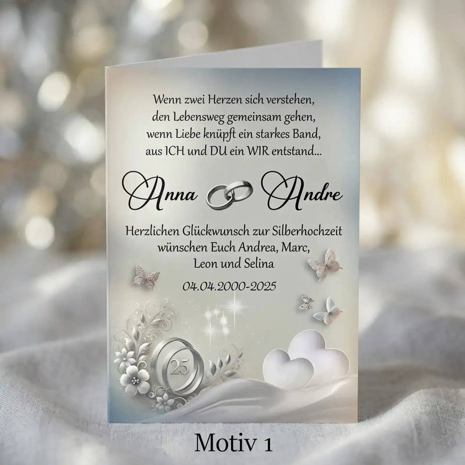 Geschenk zur Silbernen Hochzeit, bezaubernde Grußkarte zum 25. Hochzeitstag. Personalisiert mit Namen, Hochzeitsdatum und Widmung. Motiv1