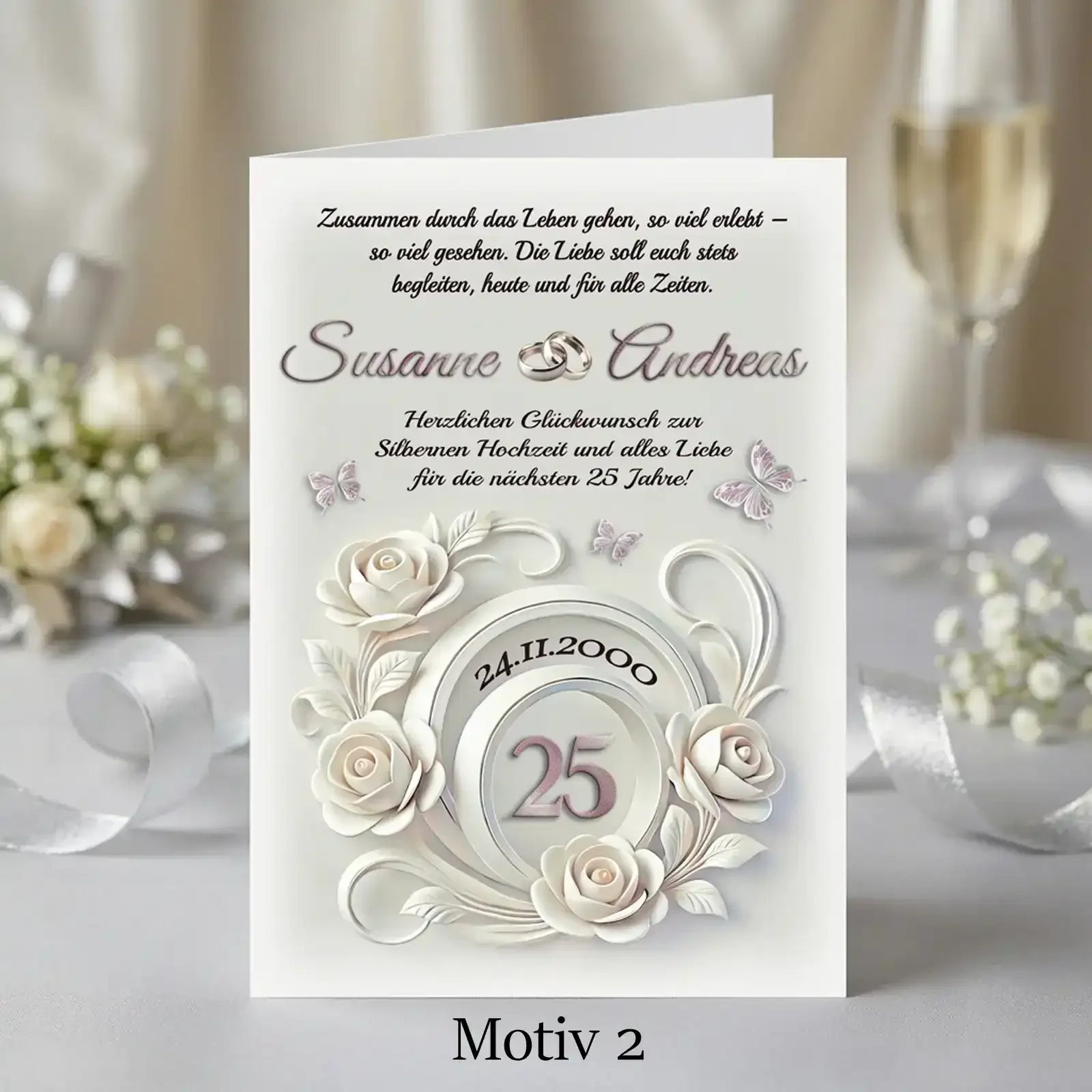 Personalisiertes Geschenk zur silbernen Hochzeit – eine Karte zum 25. Hochzeitstag mit Namen und individuellem Design.