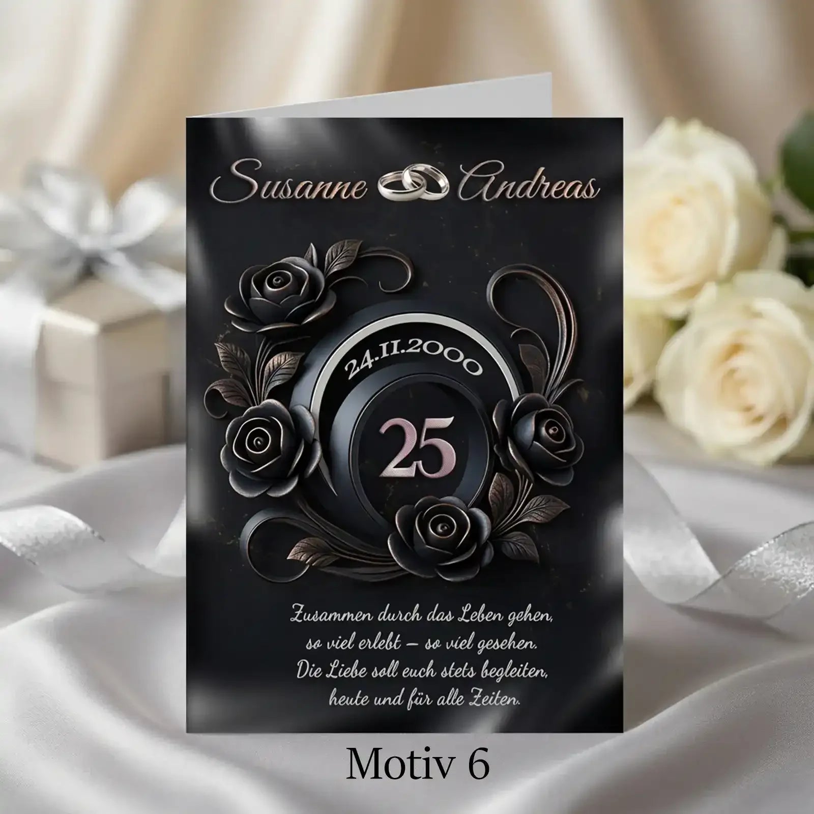 Personalisiertes Geschenk zur silbernen Hochzeit – eine Grußkarte zum 25. Hochzeitstag mit Namen und individuellem Design.